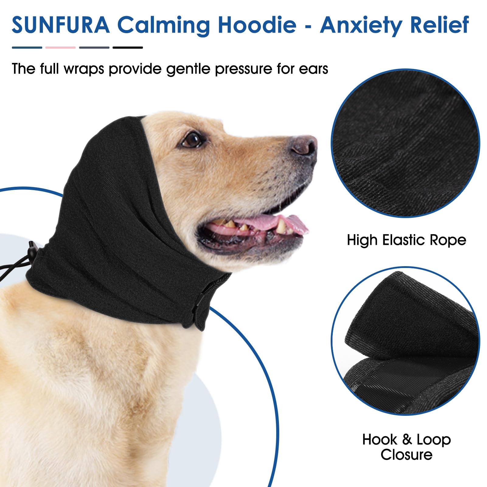 SUNFURA Dog Calming Hoodie - Anxiety Relief & Noise Protection for Dogs | Anti-Shake Ear Wraps for Fireworks, Grooming & Force Drying | Pet Neck Warmer & Ear Muffs for Noise Cancelling (Black, Medium) | Perfect for Nervous Pets During Storms, Travel & Vet Visits