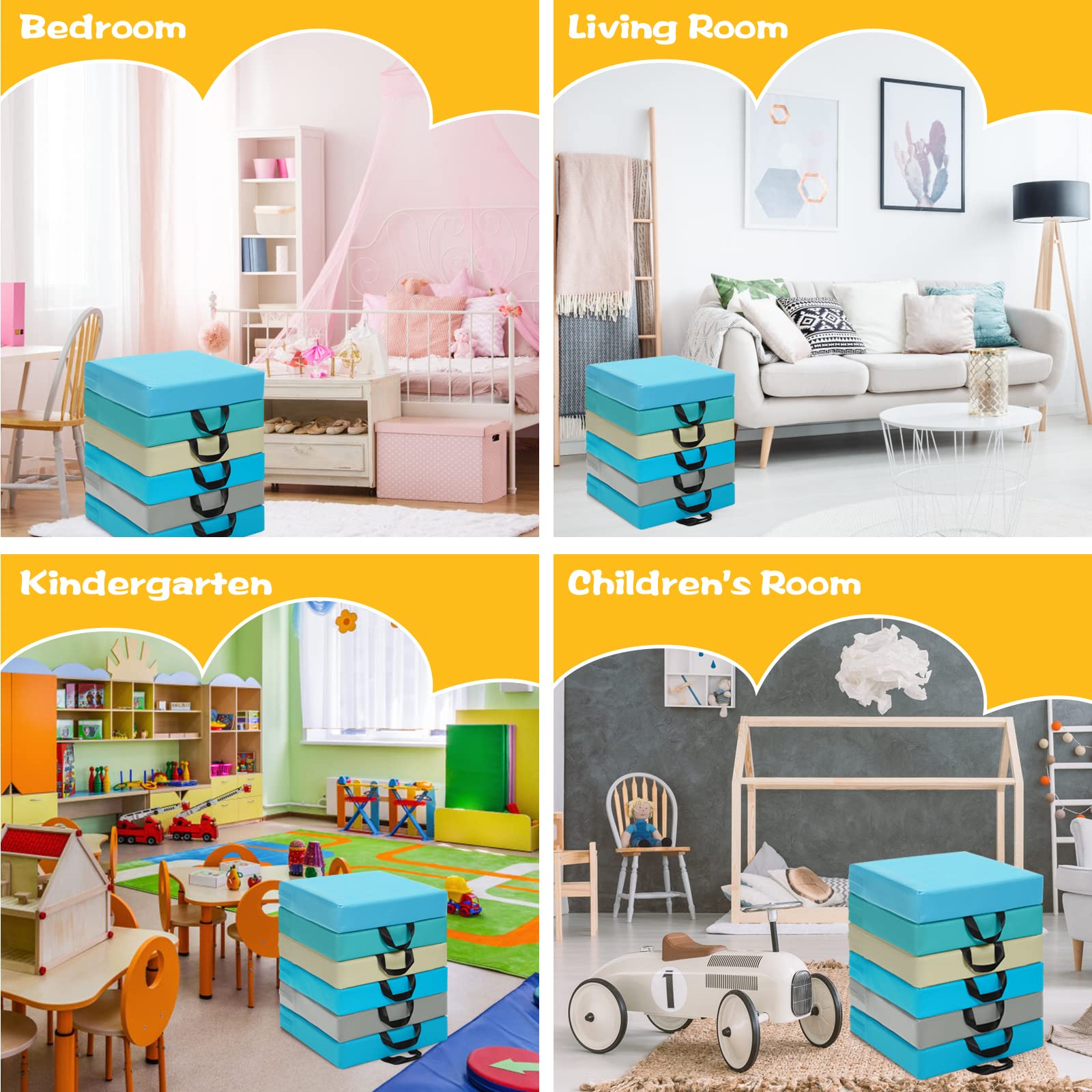 Costzon 6-Piece 15 Inch Thick Waterproof Floor Cushions for Kids - Soft Flexible Seating with Handles for Daycare, Classroom, Home & Nursery - Portable Deluxe Foam Seating for Preschool & Kindergarten - Perfect for Reading Nooks, Play Areas & Group Activities
