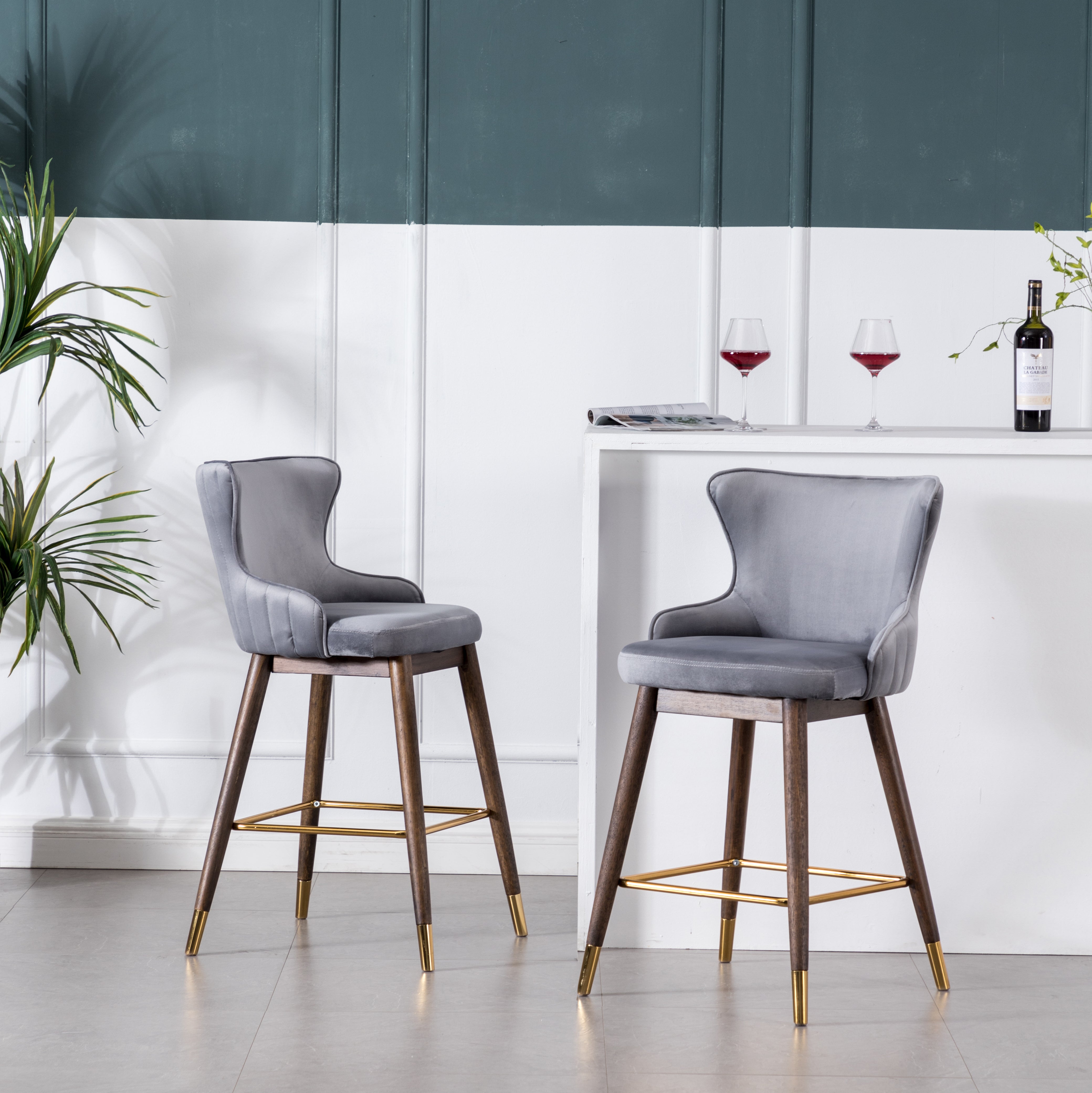 Roundhill Furniture Leland Fabric Upholstered Counter Height Wingback Bar Stools, Gray, Set of 2 - Perfect for Kitchen Islands, Breakfast Bars & Home Decor