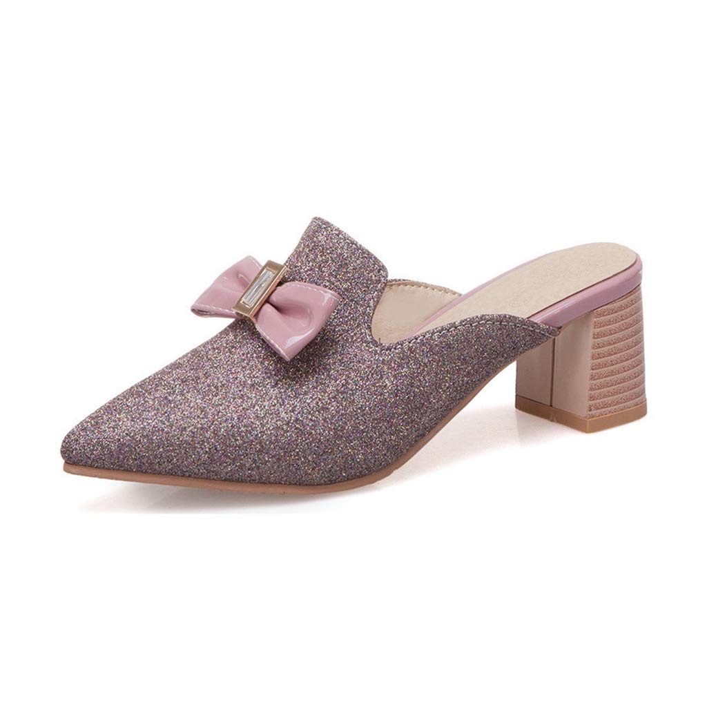 Mioke Women's Pointed Toe Bow Mules - Slip On Loafers with Glitter Backless Design, Low Block Heel Dress Shoes for Casual Wear, Office & Party Occasions