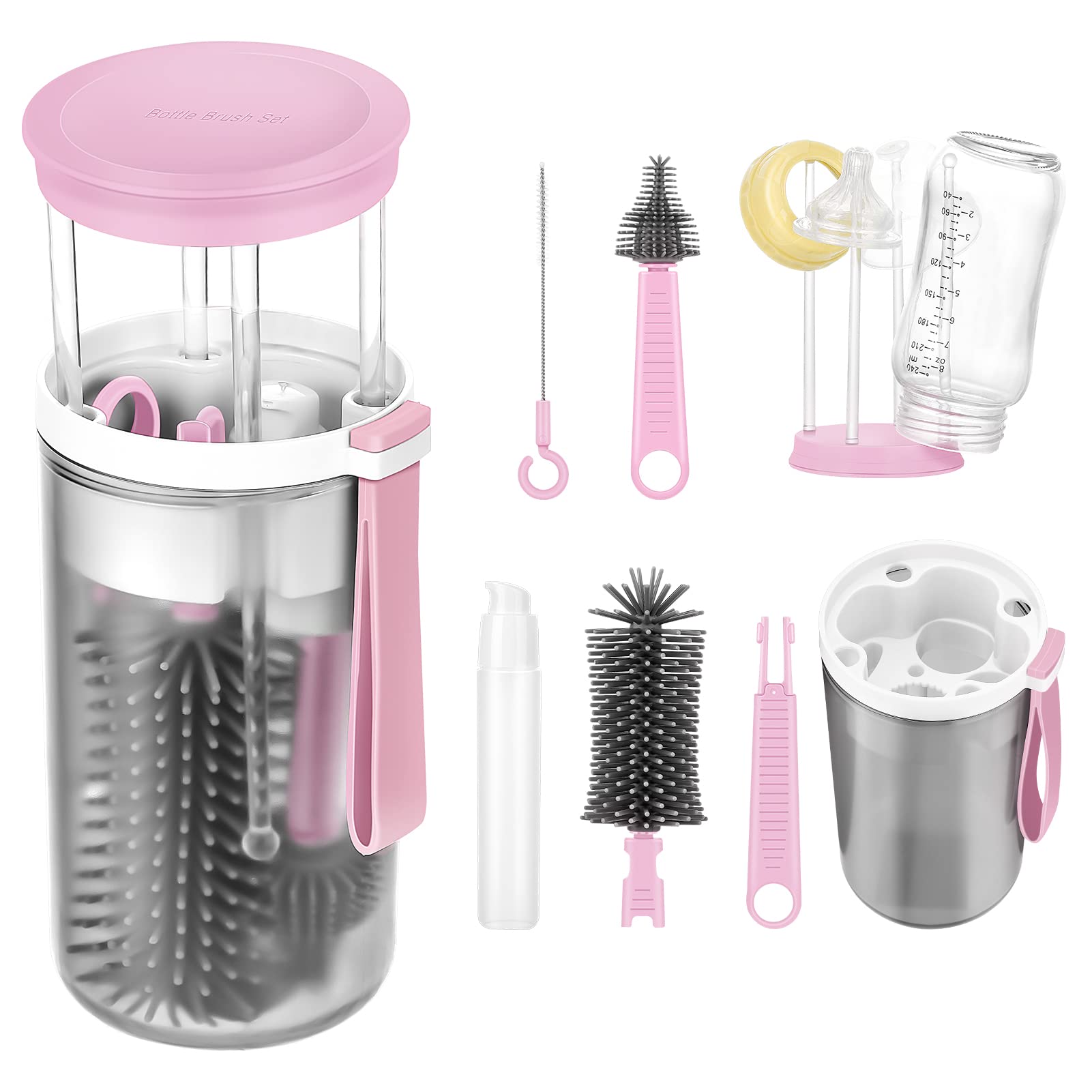 Welltop Portable Baby Bottle Cleaning Kit - Silicone Bottle Brush, Built-in Drying Rack, Nipple & Straw Cleaner, Travel Soap Dispenser | Ideal for Travel, Home, Daycare & On-the-Go Parents