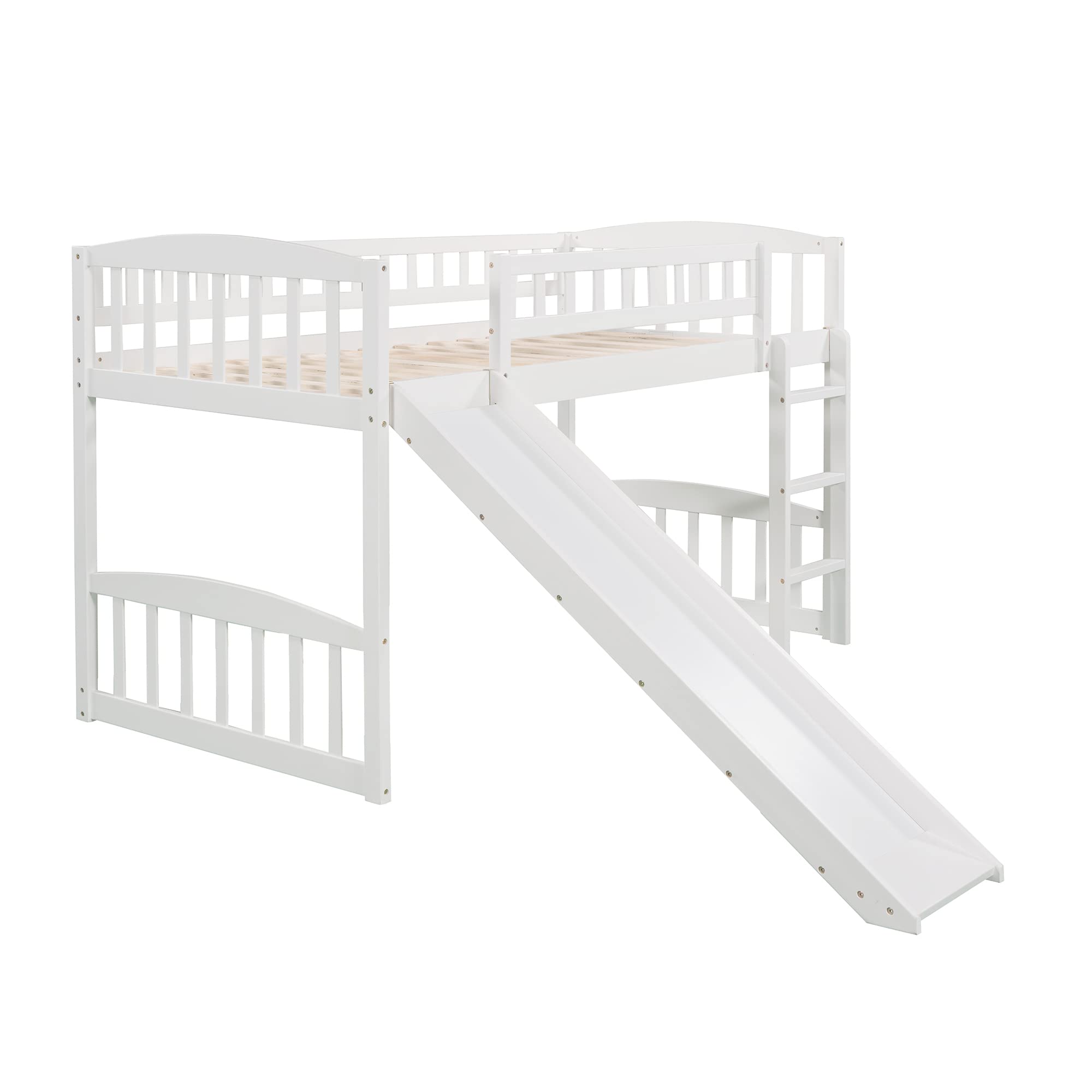 Bellemave Twin Loft Bed with Slide and Ladder - Low Height Wooden Kids Bunk Bed for Boys and Girls in White - Perfect for Small Bedrooms, Playrooms & Sleepovers
