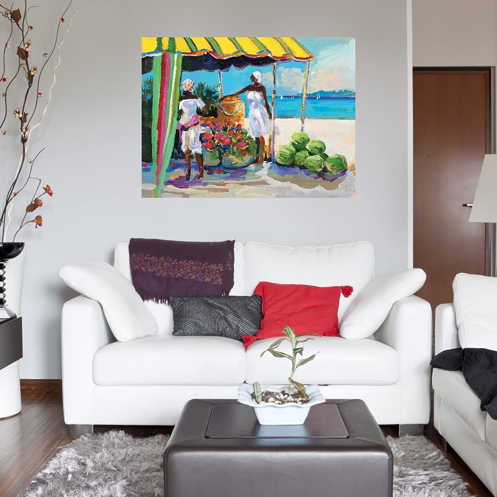 Tropical Fruit Stand Canvas Wall Art - Hand Painted by Artist Jane Slivka - 32x24 Inch Ready to Hang Painting for Living Room, Bedroom, Office Decor - Vibrant Kitchen & Dining Room Wall Decor - Perfect for Home, Bar or Guest Room
