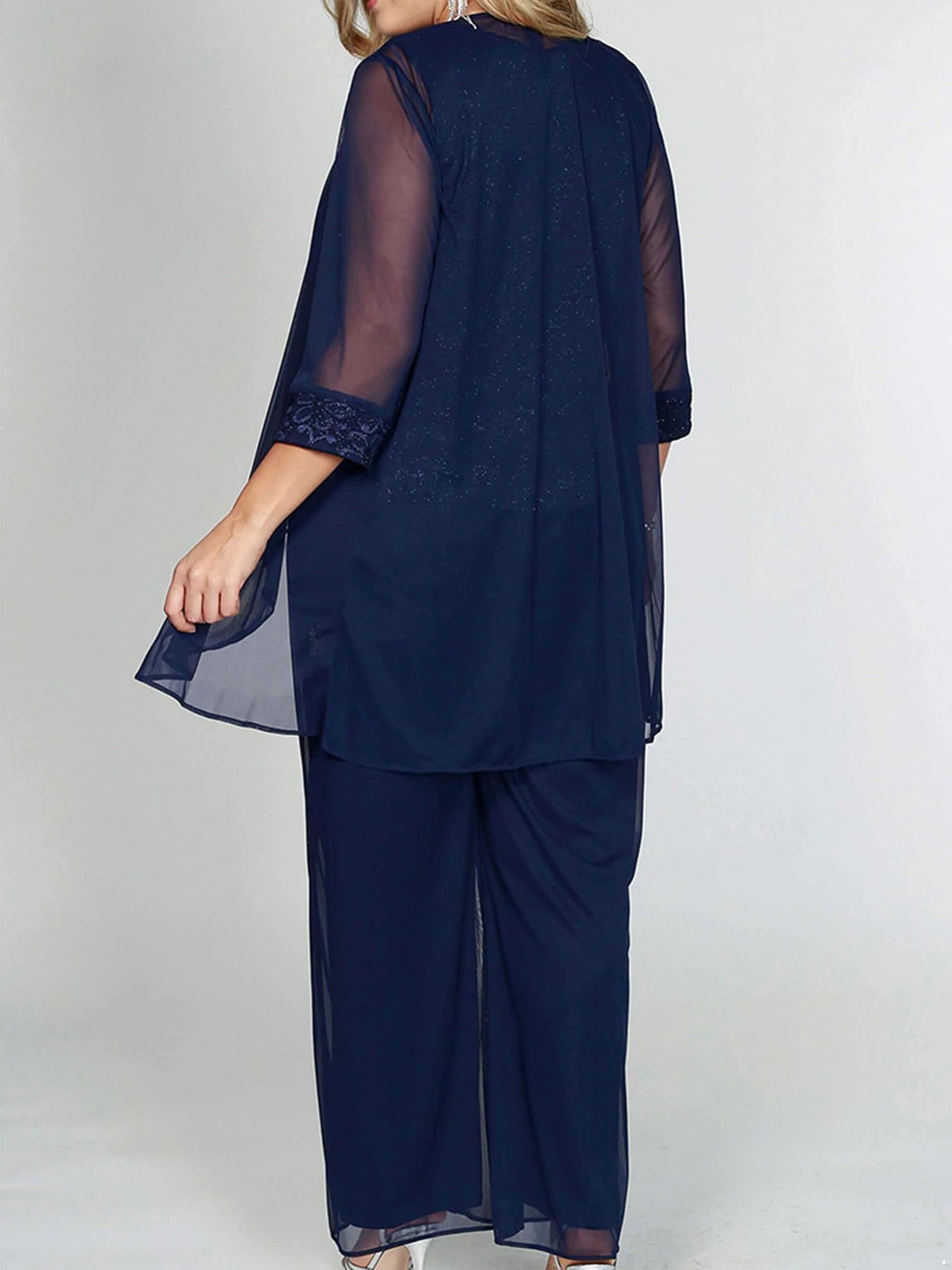 Elegant Women's Chiffon Lace 3-Piece Pants Suit Set - Mother of The Bride Dress & Wedding Guest Outfit - Plus Size Formal Wear for Special Occasions