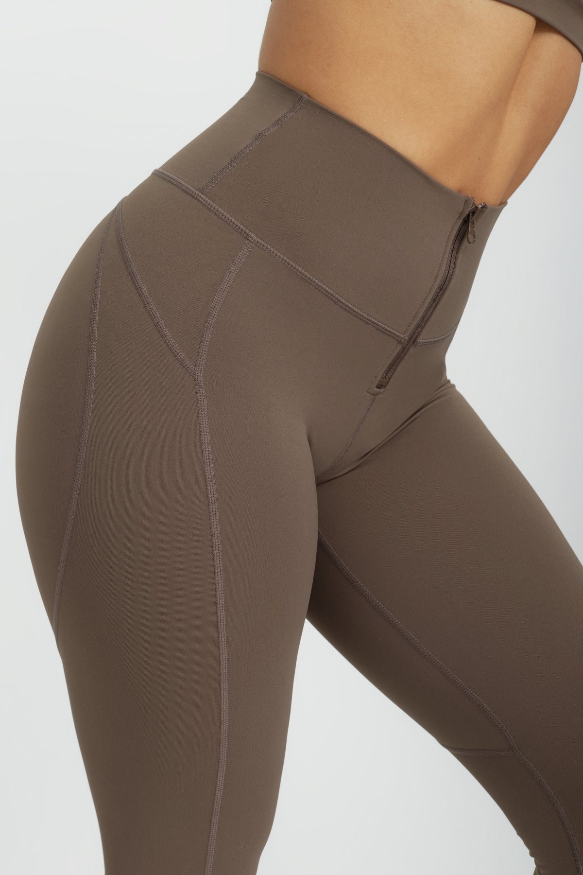 Bronx Zip Front Legging for Women - High Waisted Stretchy Workout Leggings in Taupe - Perfect for Yoga, Running & Gym