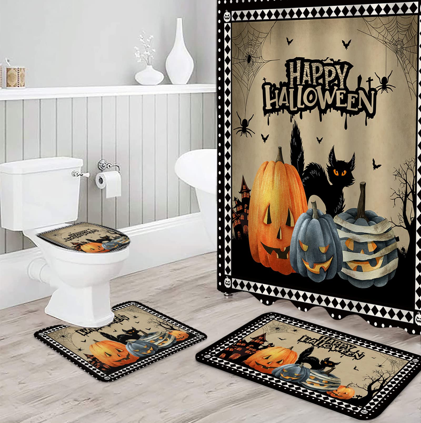 **4-Piece Halloween Shower Curtain Set with Non-Slip Bath Rugs - Pumpkin Haunted House & Black Cat Spiders Web Design - Waterproof Bathroom Decor for Spooky Theme (Includes Toilet Lid Cover & Door Mat) - Perfect for Halloween Parties, Themed Bathrooms & Seasonal Home Decor**