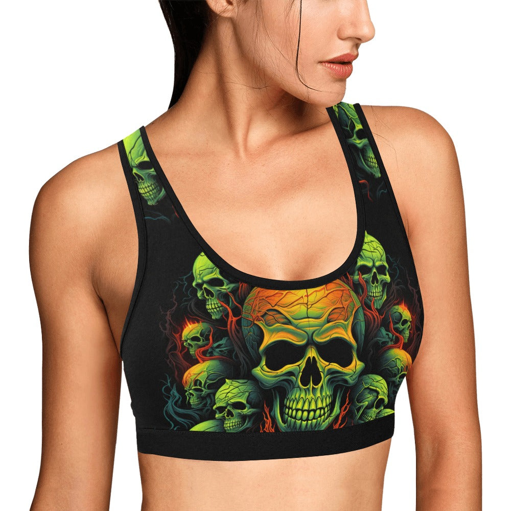 Poisonous Skulls Sports Bra for Women - High Impact Workout, Running, Gym & Yoga - Gothic Skull Print Fitness Top
