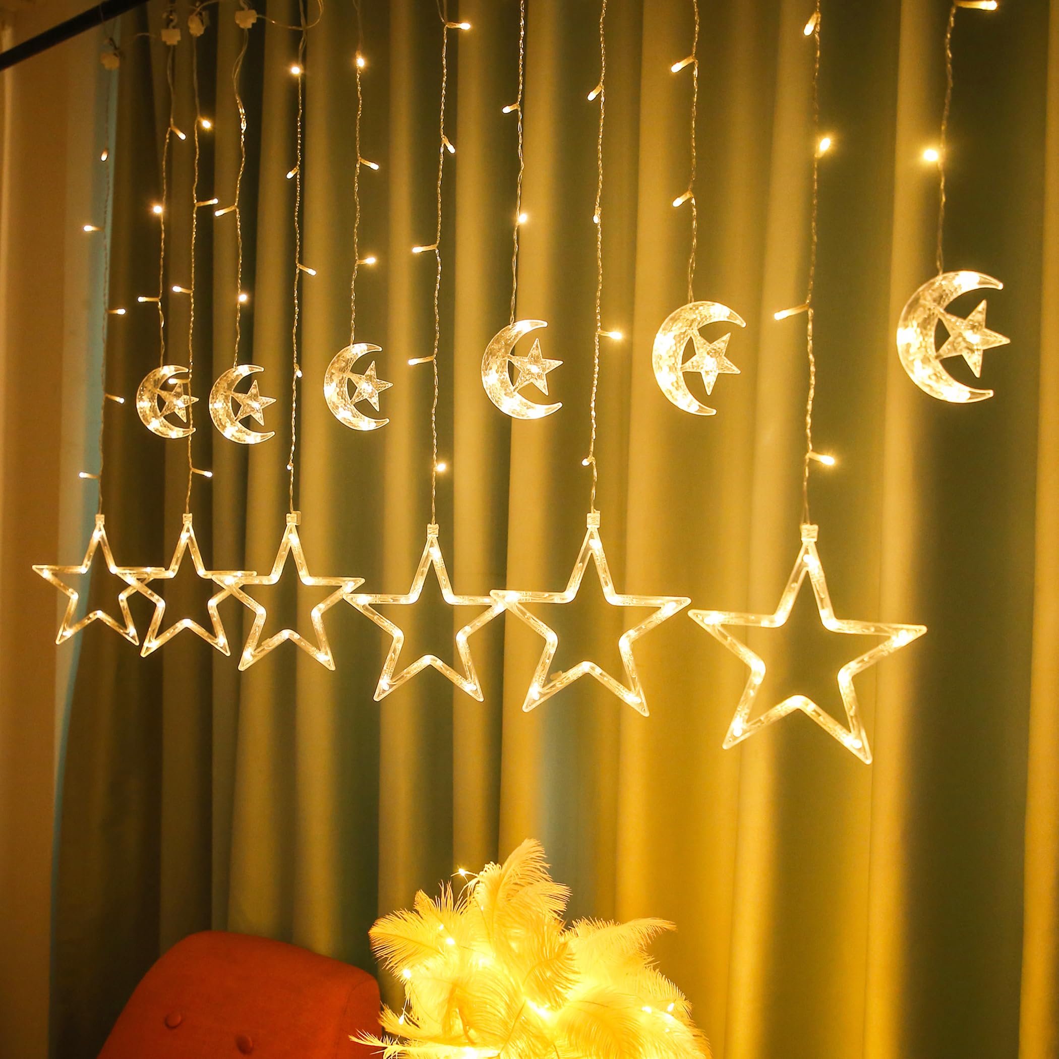 138 LED Curtain String Lights - Star Moon Icicle Fairy Lights with 8 Lighting Modes, Timer & USB Power, Dimmable for Window Wall Decor - Perfect for Bedroom, Wedding, Party & Outdoor Decoration (Warm White Crescent Moon)