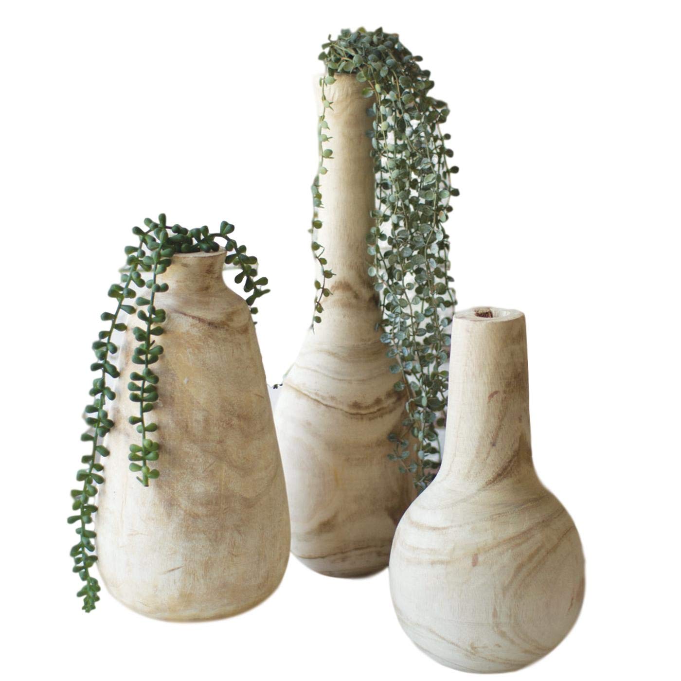 Hand Carved Tall Wooden Bottles Set - 3 Natural Vases for Home Decor | MY SWANKY HOME | Perfect for Living Room, Bedroom & Office Centerpiece Decorations