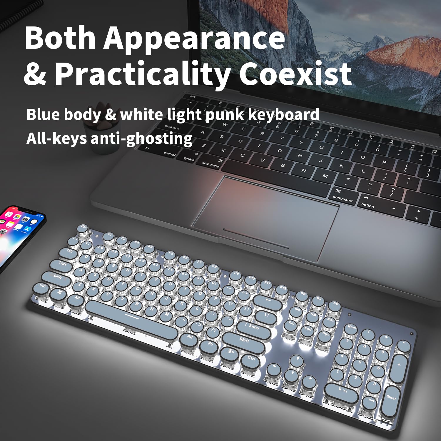 EWEADN TK950 Wireless Mechanical Keyboard - 104 Key Aesthetic Typewriter Style with White Backlight, Anti-Ghosting, Blue Switch (Bluetooth/2.4GHz/USB-C) - Perfect for Typing, Gaming & Office Work - Blue
