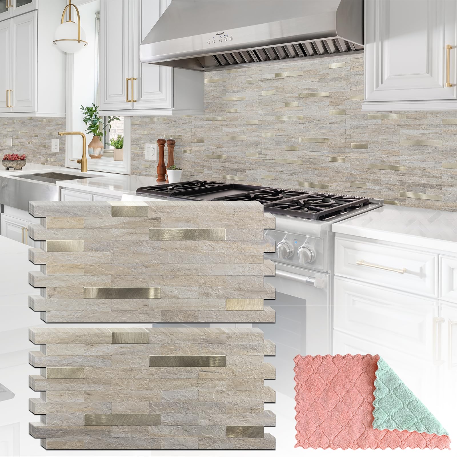 20 Sheets Peel and Stick Backsplash Tiles - Beige with Gold Metallic Finish - Self-Adhesive Kitchen Backsplash for Countertops, RV, Fireplace - Easy DIY Home Upgrade for Kitchens, Bathrooms & Laundry Rooms