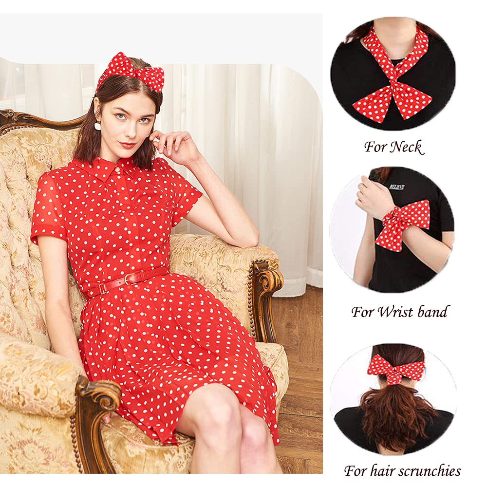 4 Pack Red Retro Bowknot Polka Dot Wire Headbands for Women & Girls - Soft Hair Holders for Workouts, Parties & Everyday Styling