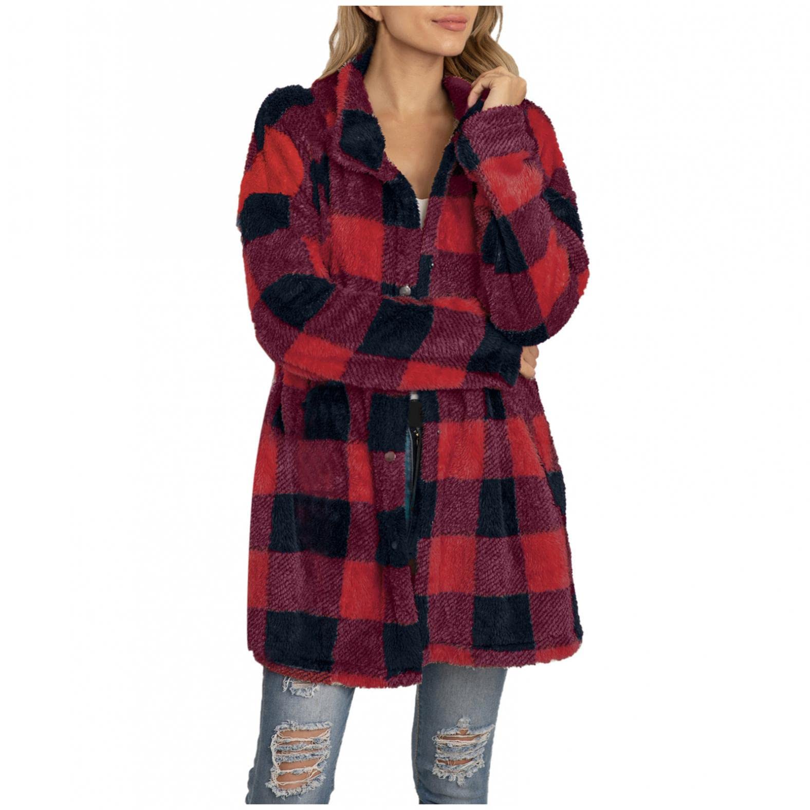 Fupinoded Women's Winter Coats - Casual Plaid Print Lapel Jacket with Warm Fleece Lining | Perfect for Outdoor Activities, Daily Commute & Cold Weather Fashion