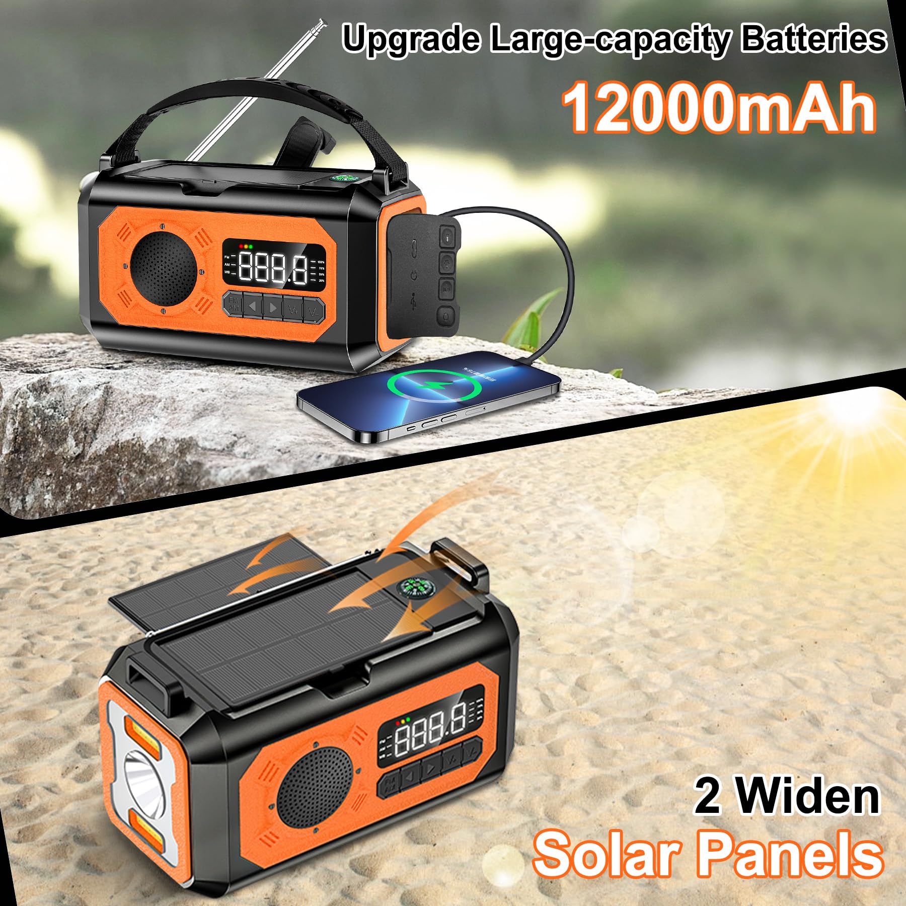 12000mAh Solar Hand Crank Emergency Weather Radio - AM/FM/NOAA Portable Radio with Flashlight, Reading Lamp, SOS Alarm, Compass & Power Bank for Outdoor Camping, Hiking, Survival & Emergency Preparedness