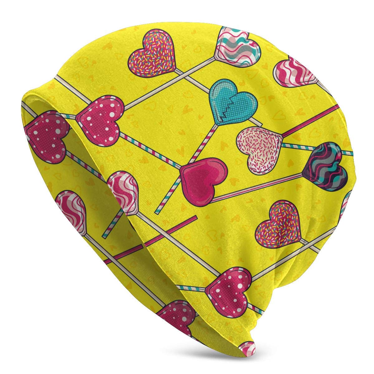 QIUYELONG Heart Shaped Lollipop Candy Print Unisex Beanie - Warm Knit Cuffed Hat for Men & Women - Perfect for Valentine's Day Gifts, Winter Fashion & Outdoor Activities