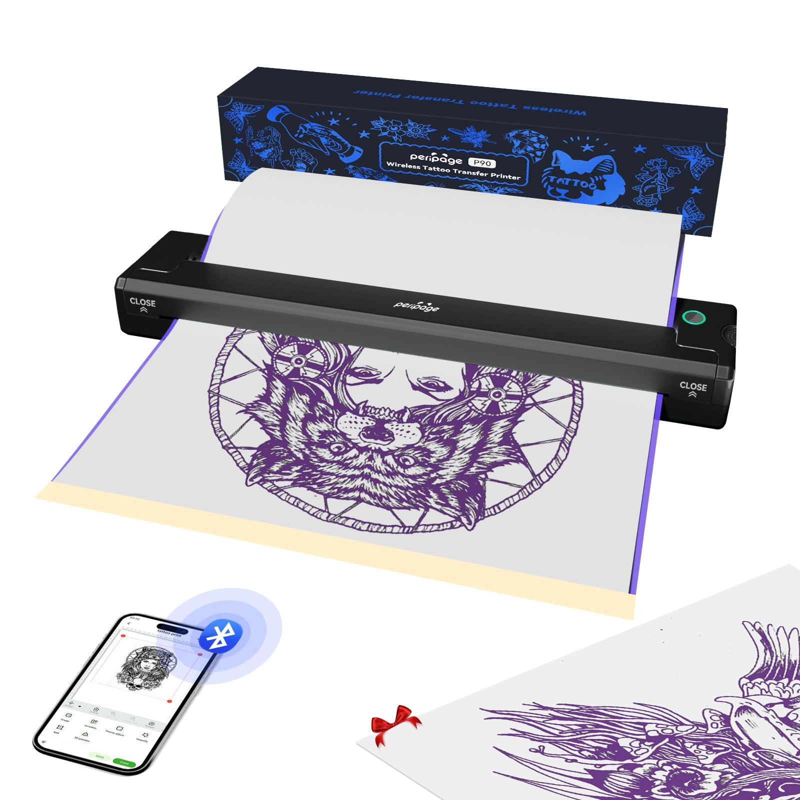 Professional P90 Wireless Tattoo Stencil Printer - Bluetooth & USB Connectivity for Artists & Beginners | Free Stencil Paper Included | Perfect for Tattoo Studios & Home Practice