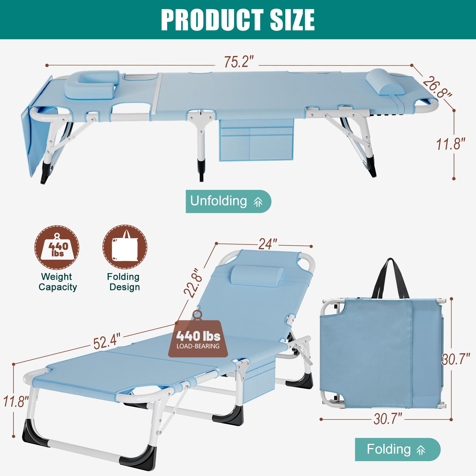DoCred Heavy Duty Tanning Chair with Face Hole - Adjustable 5-Position Folding Chaise Lounge for Outdoor, Portable Lay Flat Beach Chair for Sunbathing, Poolside, Lawn & Camping - Perfect for Beach Relaxation, Backyard Lounging and Vacation Getaways