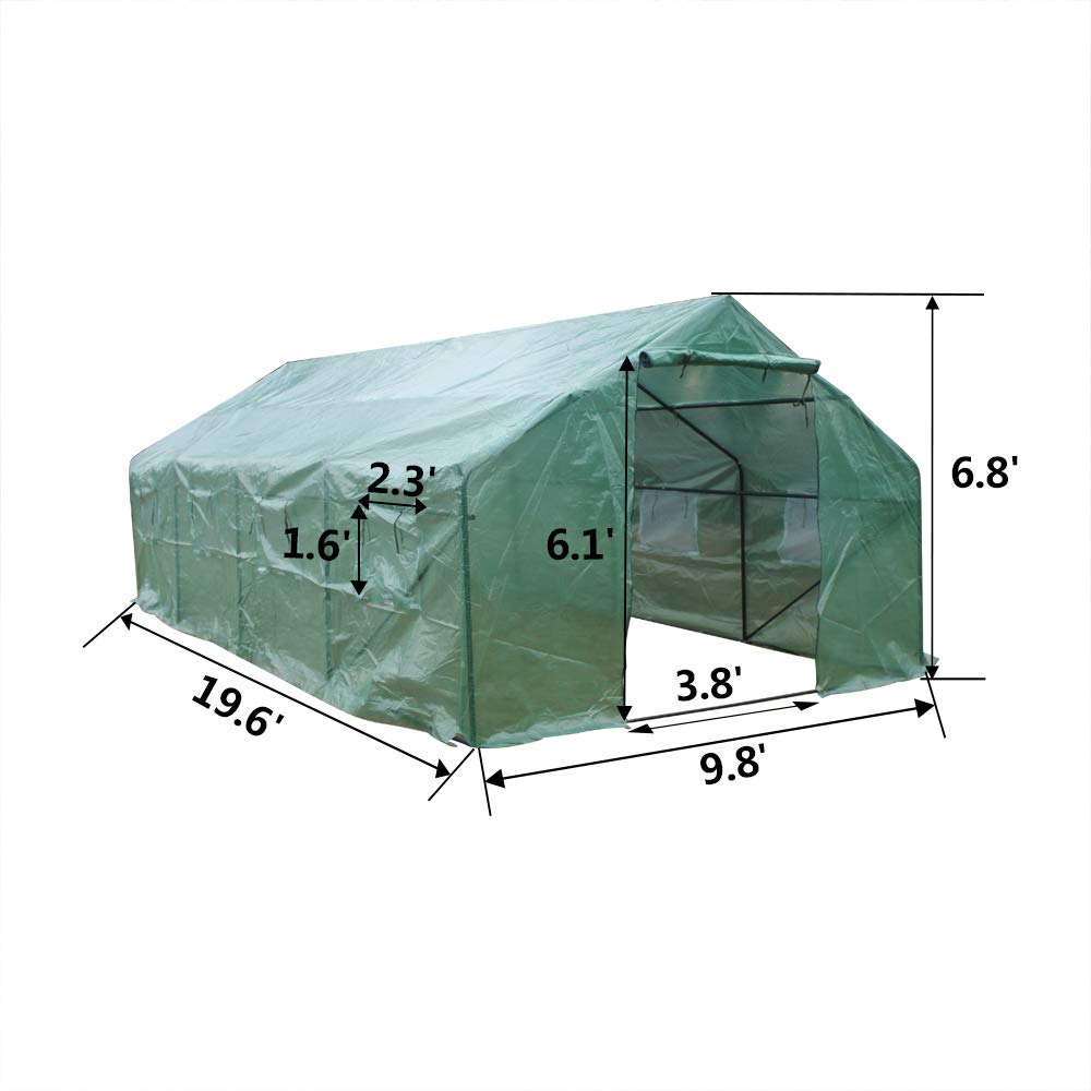 20'x10'x7' Heavy Duty Portable Walk-in Greenhouse - Large Gardening Tent with Zippered Door & 8 Ventilation Windows | Outdoor Plant Protection for Vegetables, Flowers & Seedlings | Perfect for Backyards, Patios & Urban Farming (Green)