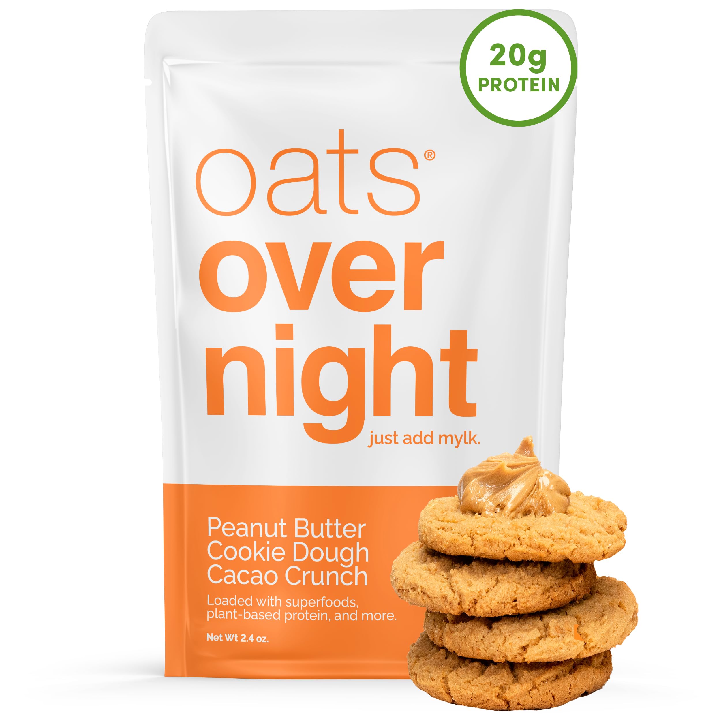 Oats Overnight Peanut Butter Cookie Dough Cacao Crunch - Vegan Protein Shake with 20g Plant-Based Protein | High Fiber, Gluten Free, Dairy Free Oatmeal Breakfast (2.4oz/Meal, 24 Pack) - Perfect for Quick Breakfast, Post-Workout Recovery & On-the-Go Nutrition