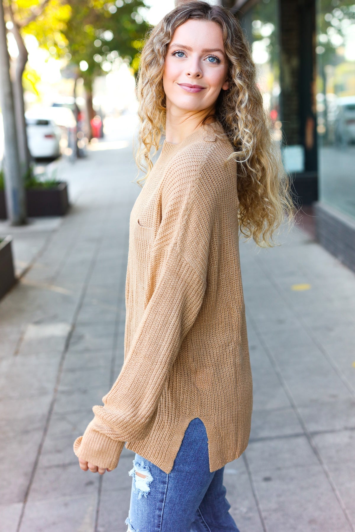 Elegant Taupe Mock Neck Knit Sweater with Chest Pocket - Women's Casual Winter Pullover for Office & Date Night
