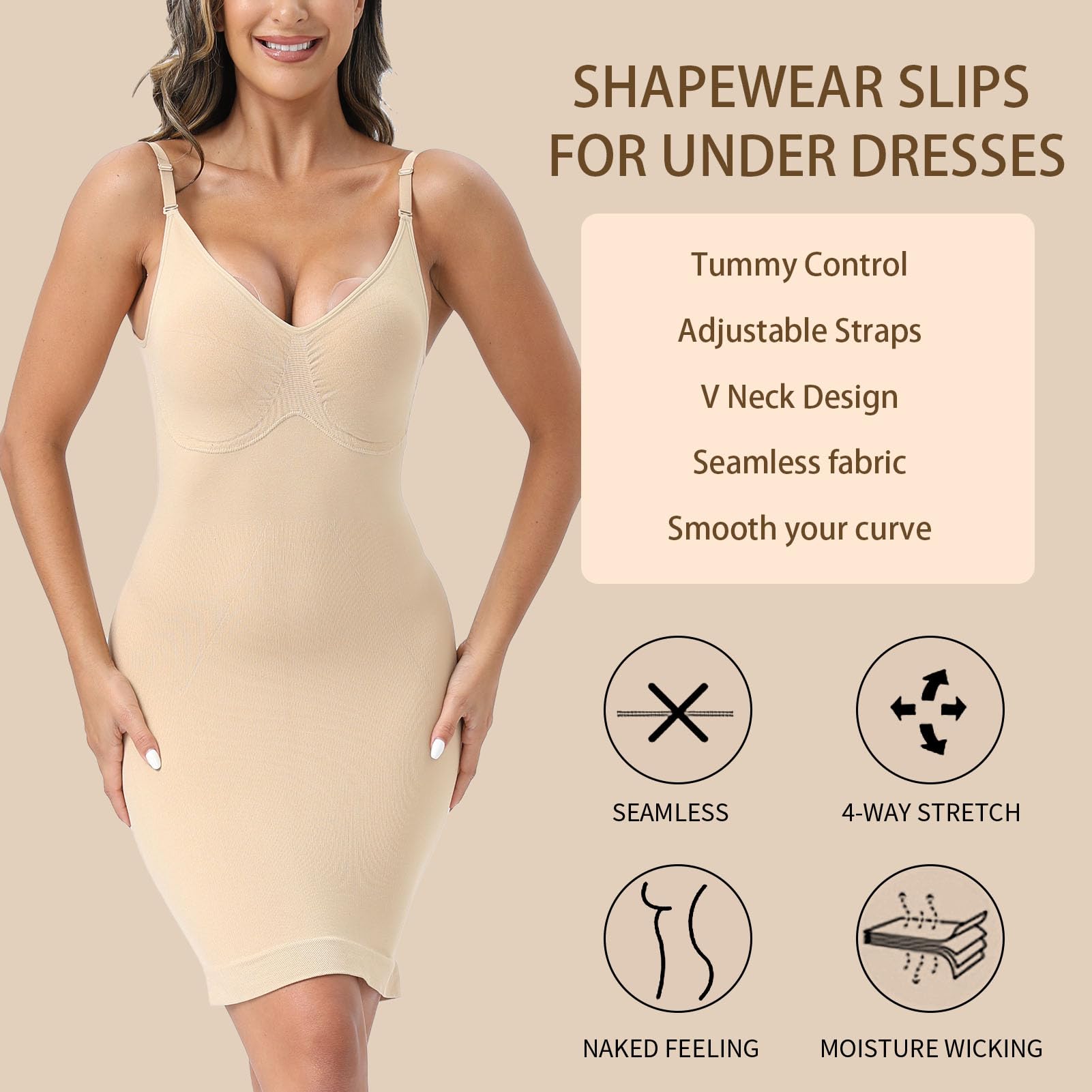 Strapless Shapewear for Women - V Neck Full Slip Shaper with Tummy Control - Seamless Underdress Body Shaper for Smoothing & Slimming - Perfect for Weddings, Parties and Formal Events