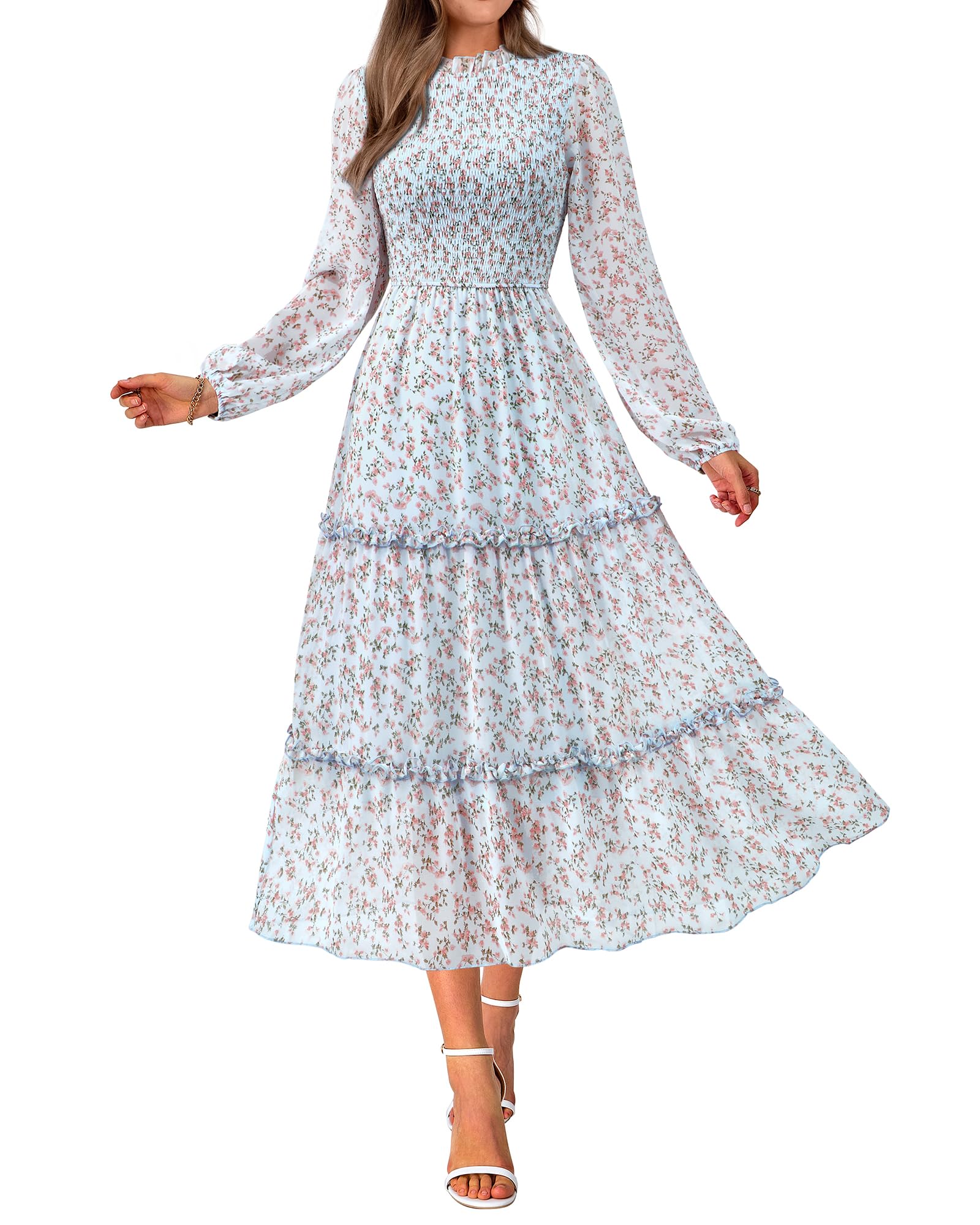 NOLLSOM Women's Floral Boho Maxi Dress Long Sleeve Crew Neck Ruffle A-Line Flowy Wedding Guest Dress for Spring 2025 | Casual Elegant Dress for Beach Vacation, Garden Party & Special Occasions