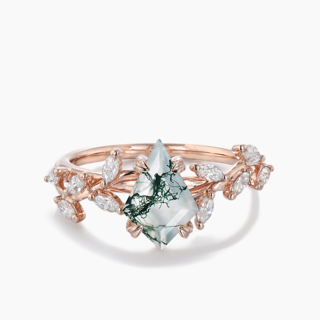 Natural Moss Agate Kite Engagement Ring in 14K Rose Gold - Twig Vine Wedding Band for Women, Nature-Inspired Jewelry for Brides & Outdoor Enthusiasts