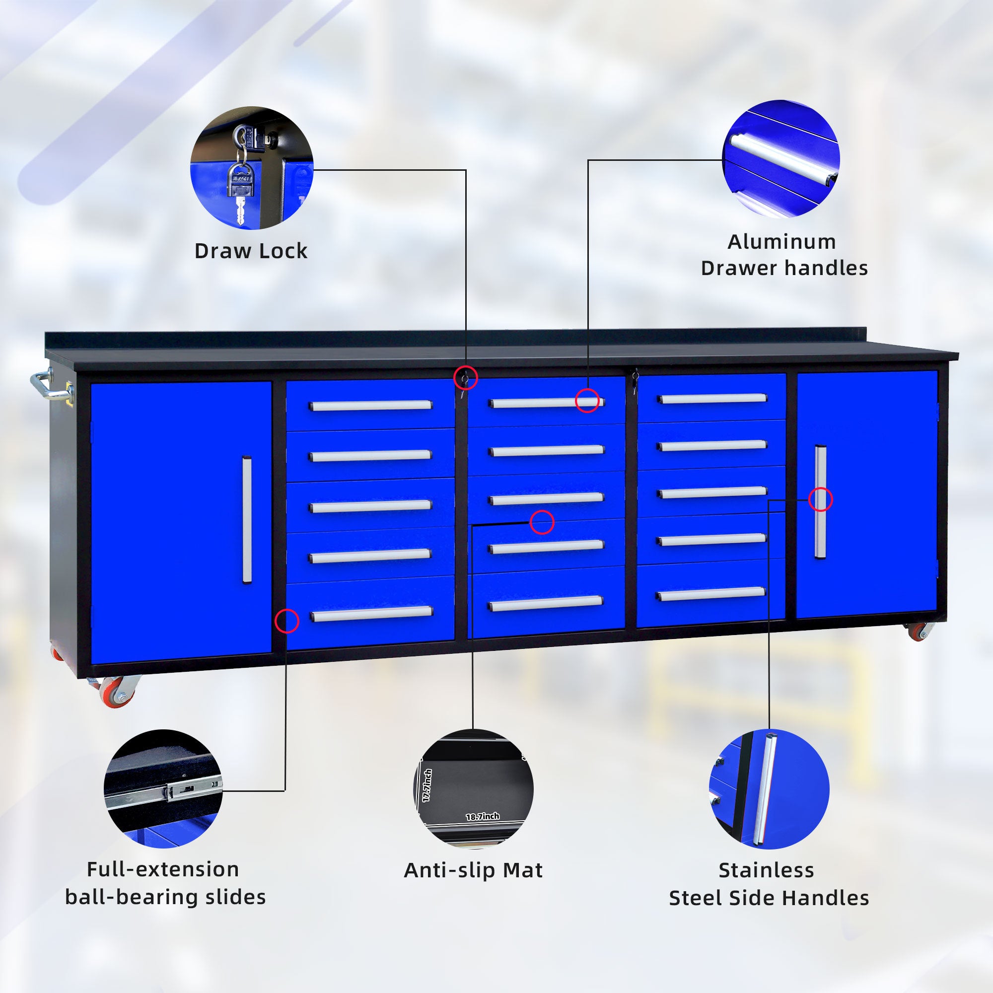 10ft Heavy Duty Storage Cabinet with Work Bench - 15 Drawers & 2 Cabinets, Blue - Perfect for Garage Organization, Workshop Storage & Home Office Furniture