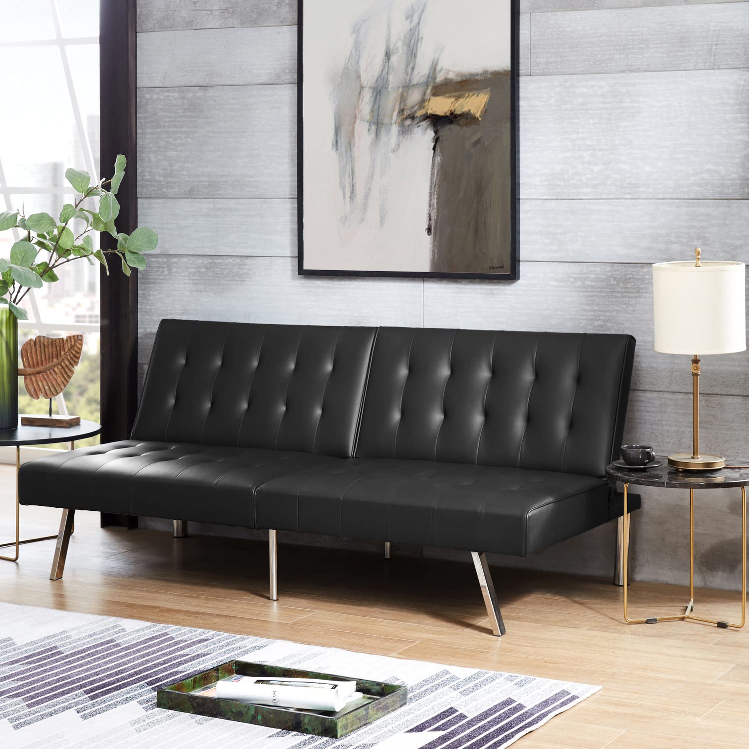 Naomi Home Tufted Split Back Futon Sofa Bed - Faux Leather Convertible Couch with Chrome Legs - Foldable Reclining Sleeper Sofa for Small Spaces - Perfect for Living Rooms, Guest Rooms & Apartments (Black)