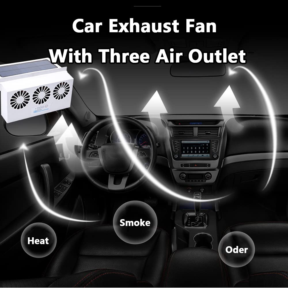 Solar Powered Car Fan with USB Charging - Strong Wind Auto Window Exhaust Cooling Fan for Vehicle Ventilation - Perfect for Summer Road Trips & Parking Cooling (Black)
