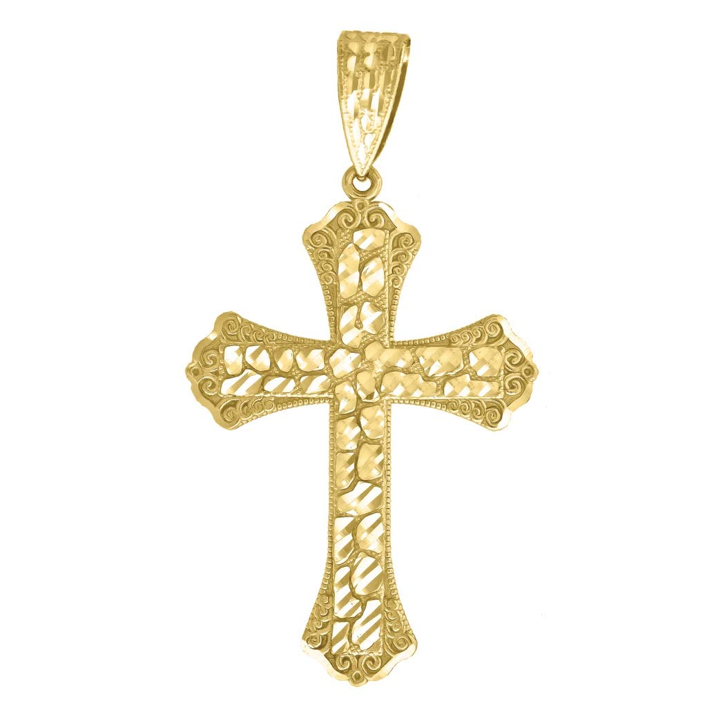 10K Yellow Gold Nugget Textured Cross Pendant Necklace for Men & Women - 59.4x32.4mm Religious Jewelry Gift - Perfect for Baptism, Confirmation & Daily Faith Wear