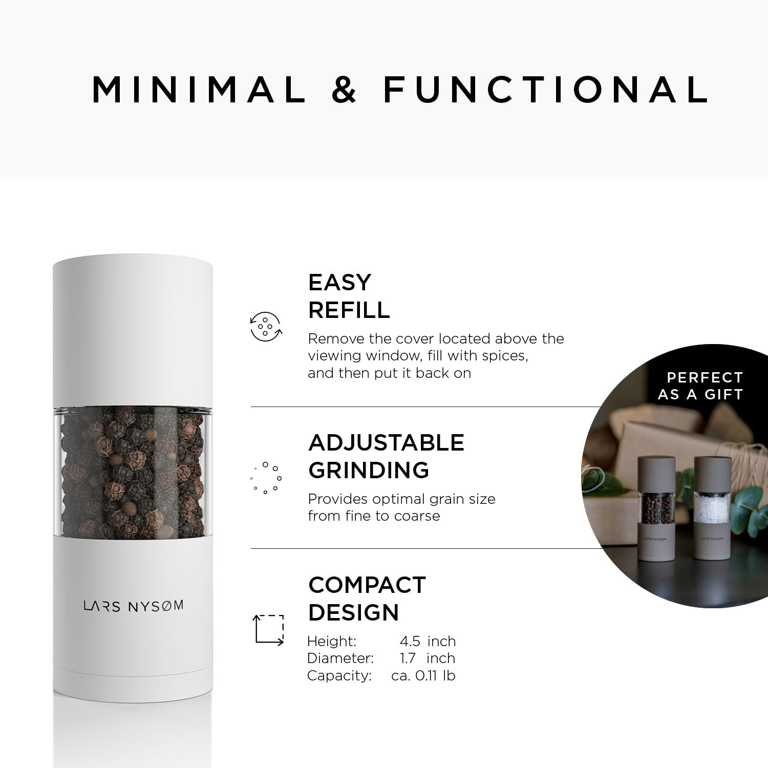 Premium Adjustable Ceramic Salt and Pepper Grinder Set - 2-Piece Manual Spice Mill with Coarse to Fine Grind Control - Perfect for Kitchen, Dining Table & Gourmet Cooking (Black/White)