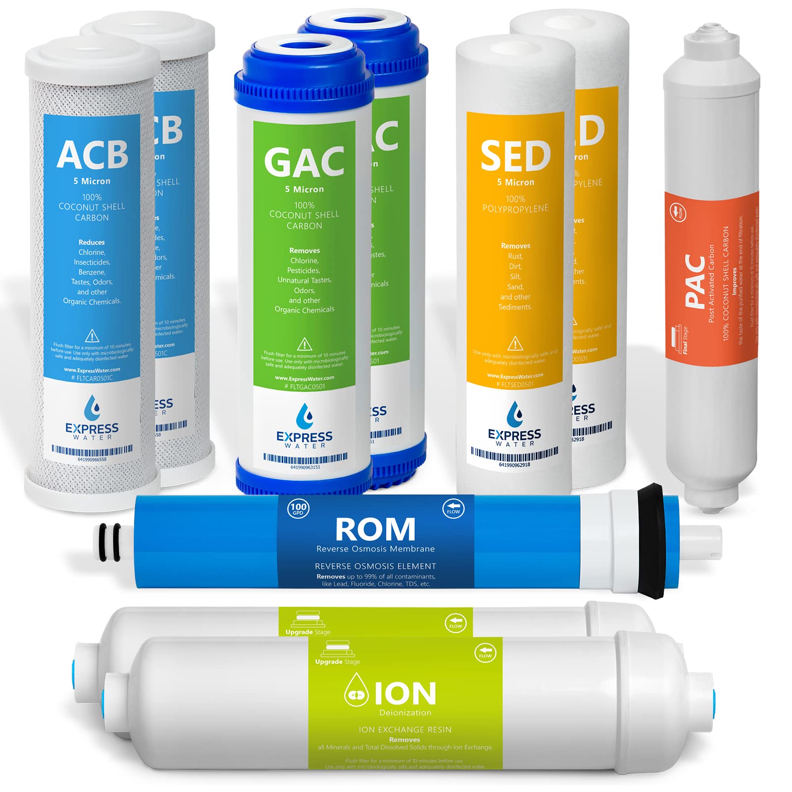 Express Water 1 Year Deionization Reverse Osmosis System Replacement Filter Set - 10 Filters with 100 GPD RO Membrane - 10 Inch Water Filters for Home, Office & RV Use - Improves Drinking Water Quality & Taste