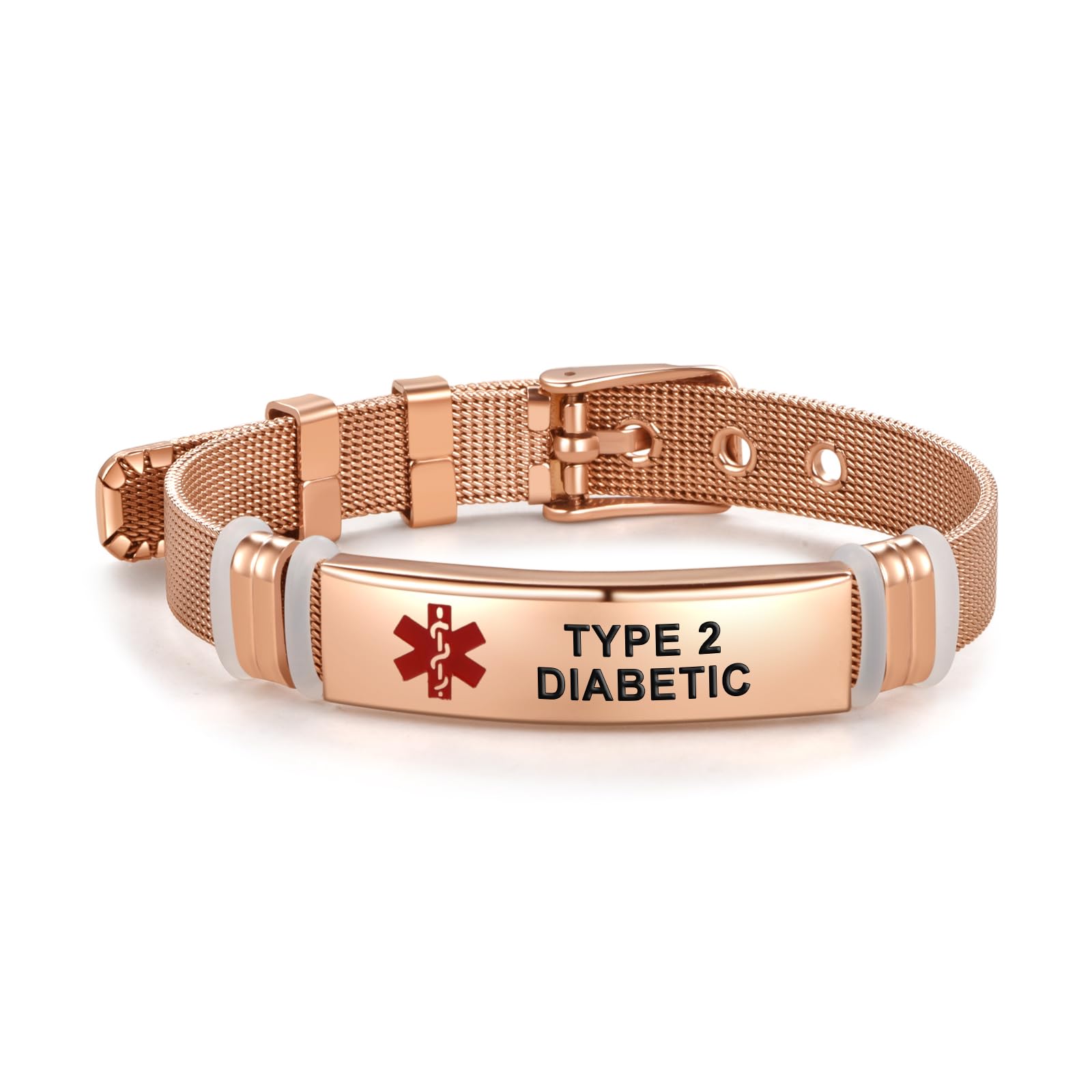 Rose Gold Red Medical Alert ID Bracelet for Women & Men - Laser Engraved Stainless Steel Adjustable Wristband - Emergency Health Alert Jewelry for Diabetes, Allergies & First Aid Situations