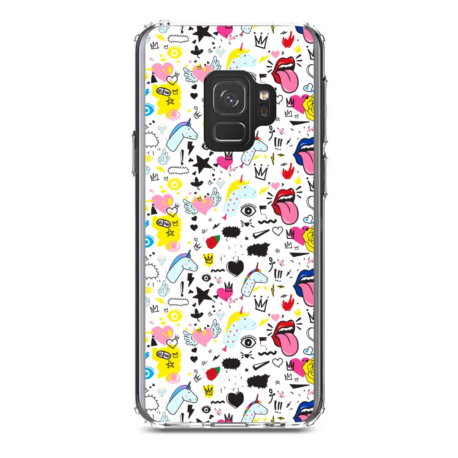 DistinctInk Clear Shockproof Hybrid Case for Samsung Galaxy S9 (5.8 Inch) - TPU Bumper with Acrylic Back & Tempered Glass Screen Protector - Unicorn Crown Design - Perfect for Work, Travel, and Everyday Protection