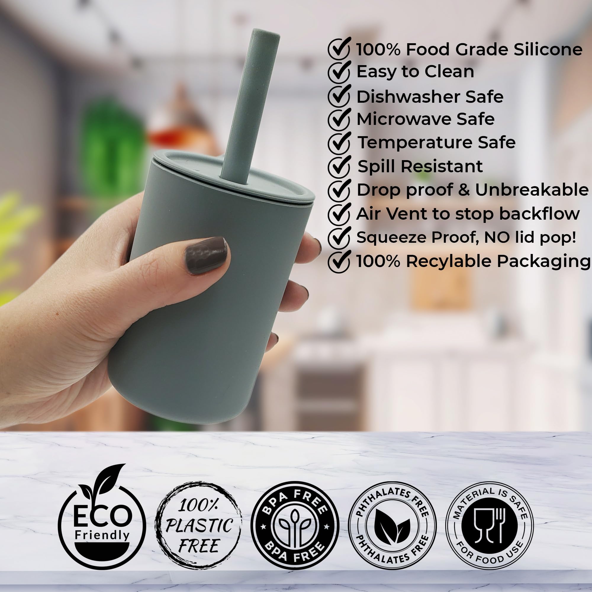 BPA-Free Silicone Toddler Cups with Straws - Unbreakable 6oz Baby Training Cups for Less Mess - 2 Pack (Blue/Grey) - Ideal for Smoothies, Milk & Juice at Home, Daycare or On-The-Go (6+ Months)