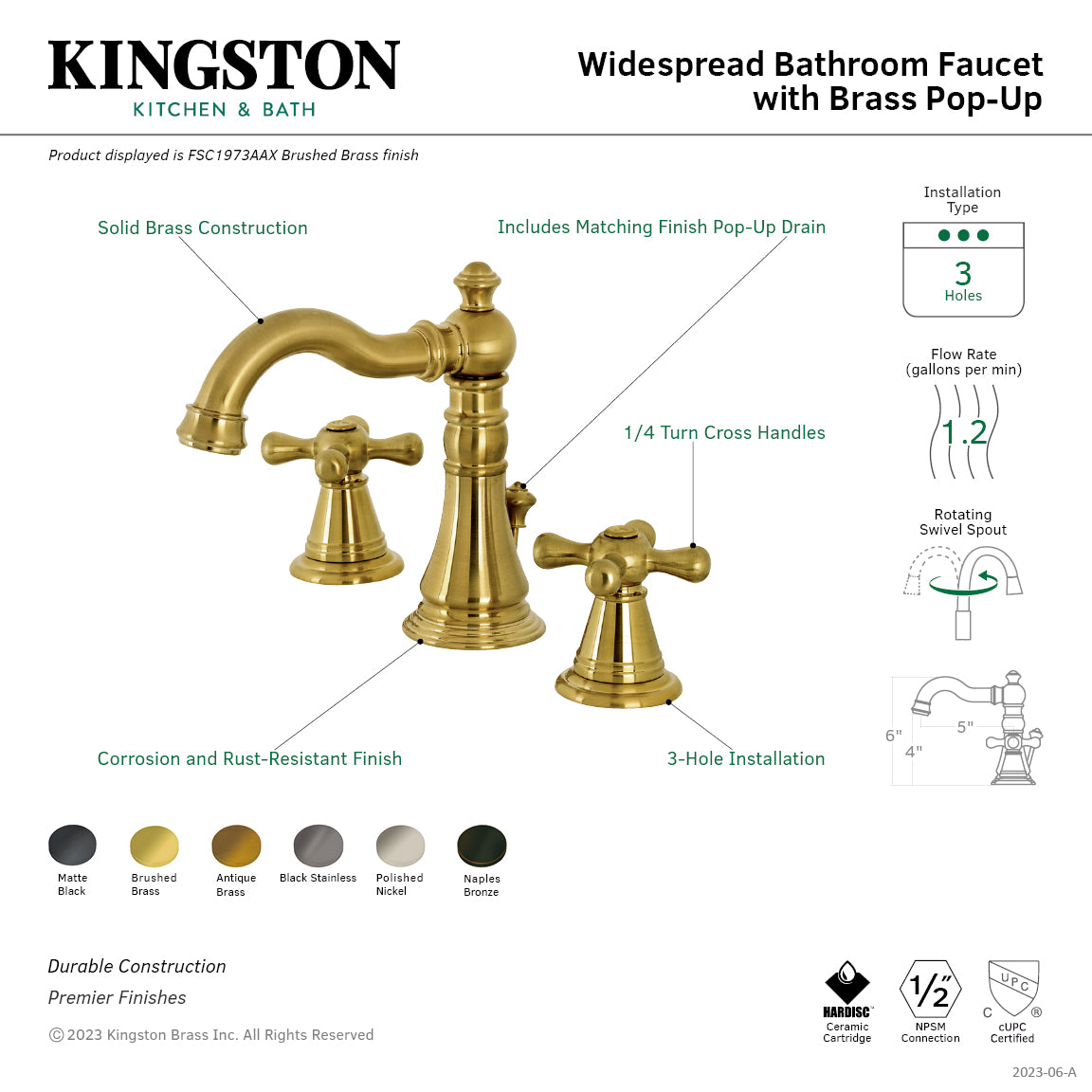 American Classic FSC1970AAX 3-Hole Widespread Bathroom Faucet with Brass Pop-Up Drain - Matte Black Finish - Perfect for Modern Bathroom Vanities and Powder Rooms