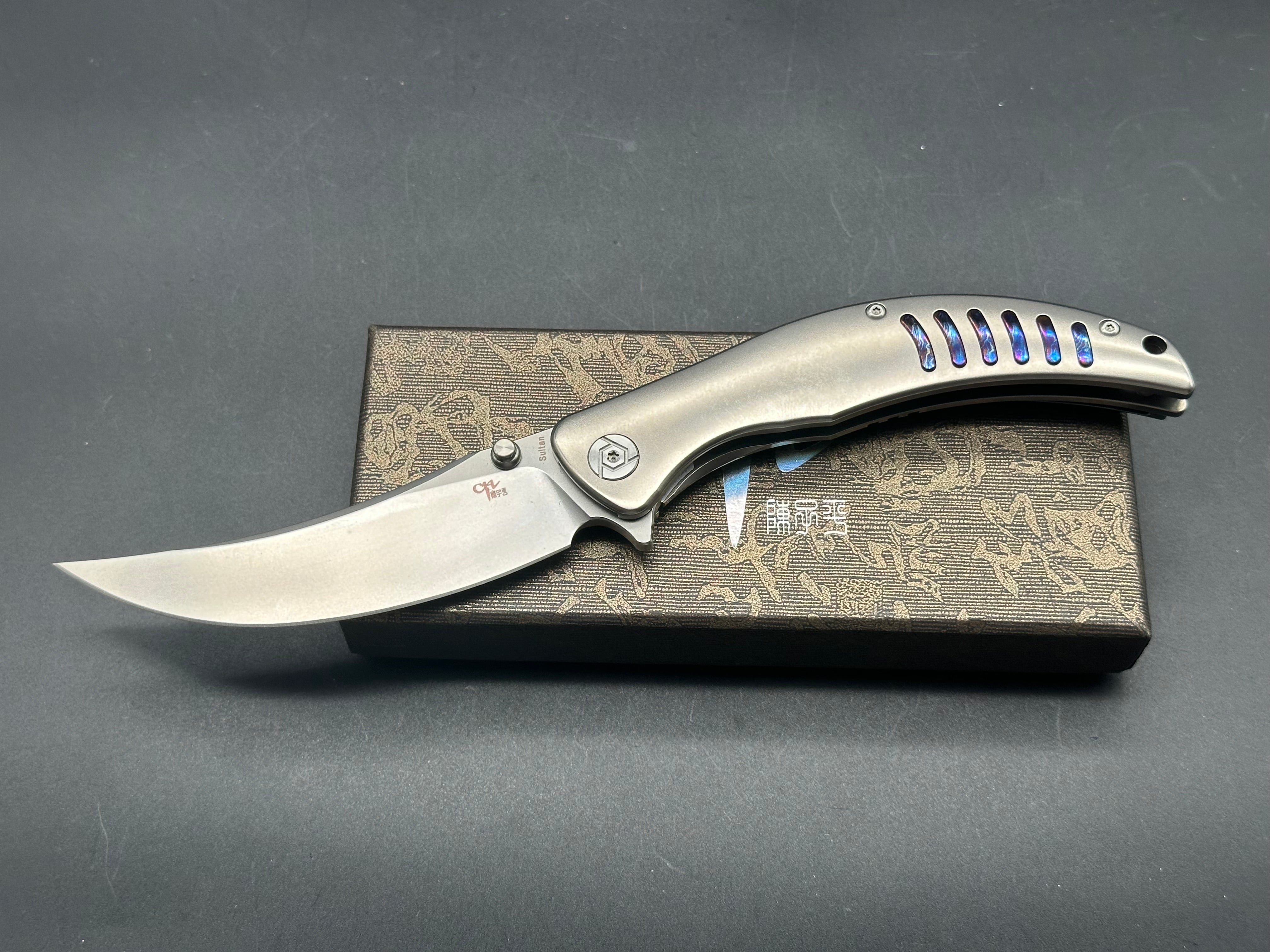 CH Knives Sultan Folding Knife - Grey Titanium Handle, S35VN Steel Plain Edge - EDC, Outdoor Camping, Survival & Tactical Use