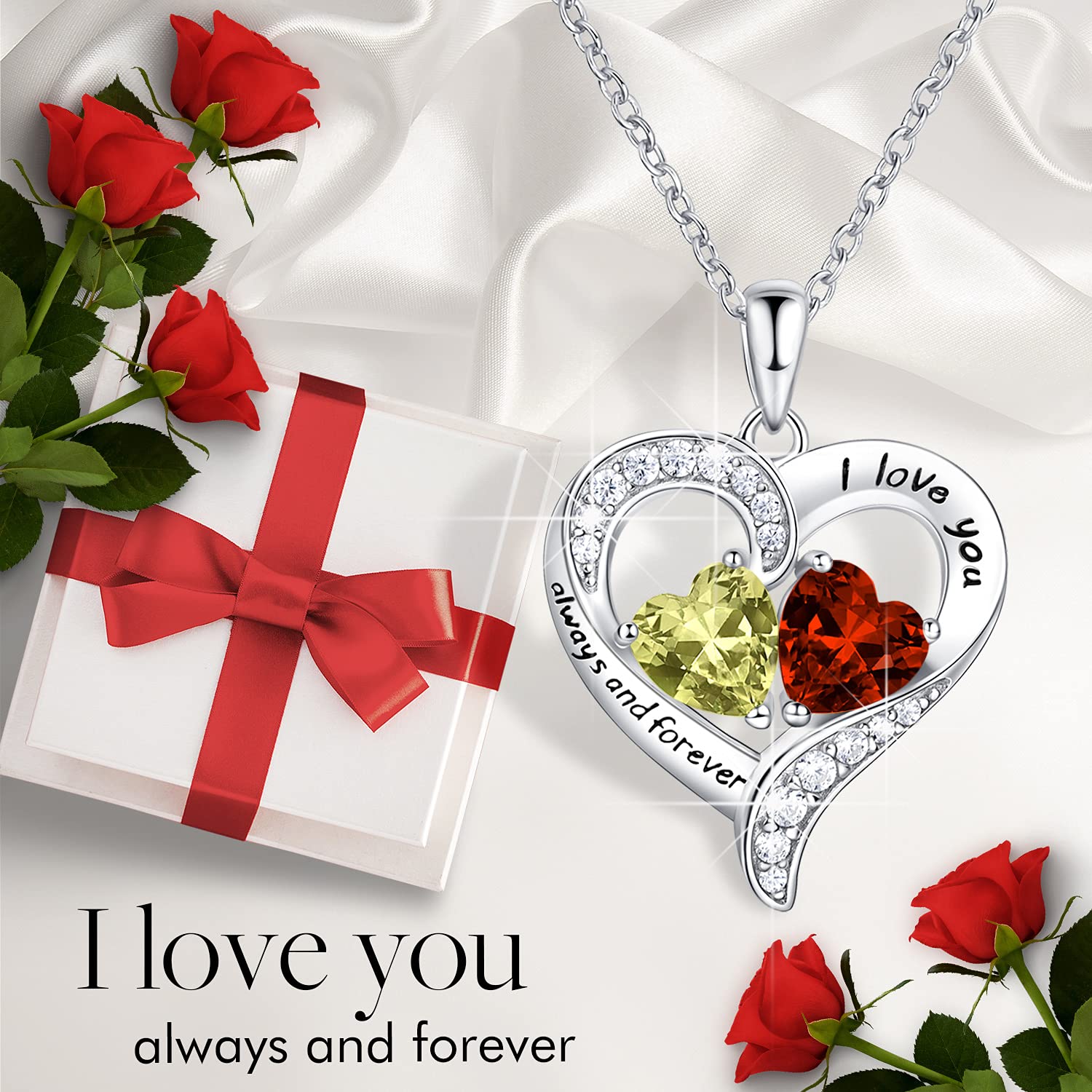 BlingGem Heart Necklaces for Women - 925 Sterling Silver Birthstone Necklace with 2 Custom Birthstones, Personalized Pendant Jewelry Gift for Wife, Mom, Girlfriend | Perfect for Valentine's Day, Anniversary, Mother's Day & Birthday Gifts