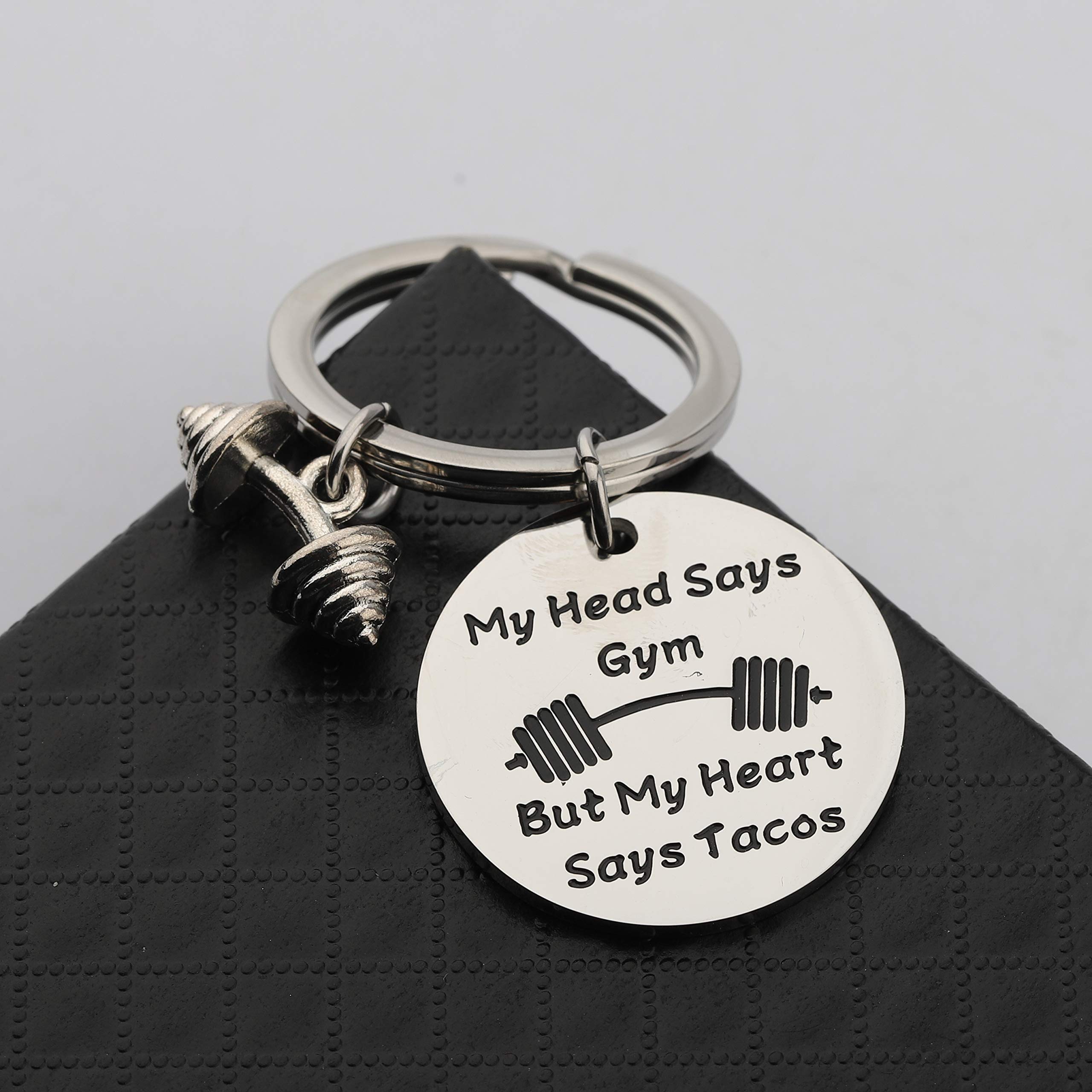BEKECH Gym Keychain - My Head Says Gym But My Heart Says Tacos - Motivational Fitness Jewelry for Workouts, Gifts & Gym Lovers