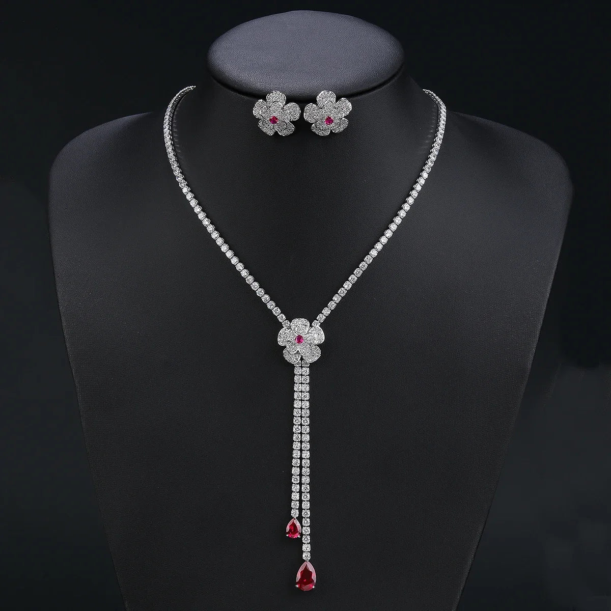Elegant Floral Y Necklace & Earrings 2-Piece Set for Women - Wedding, Bridal, Party Jewelry Accessories - Perfect for Bridesmaids, Prom, and Formal Events