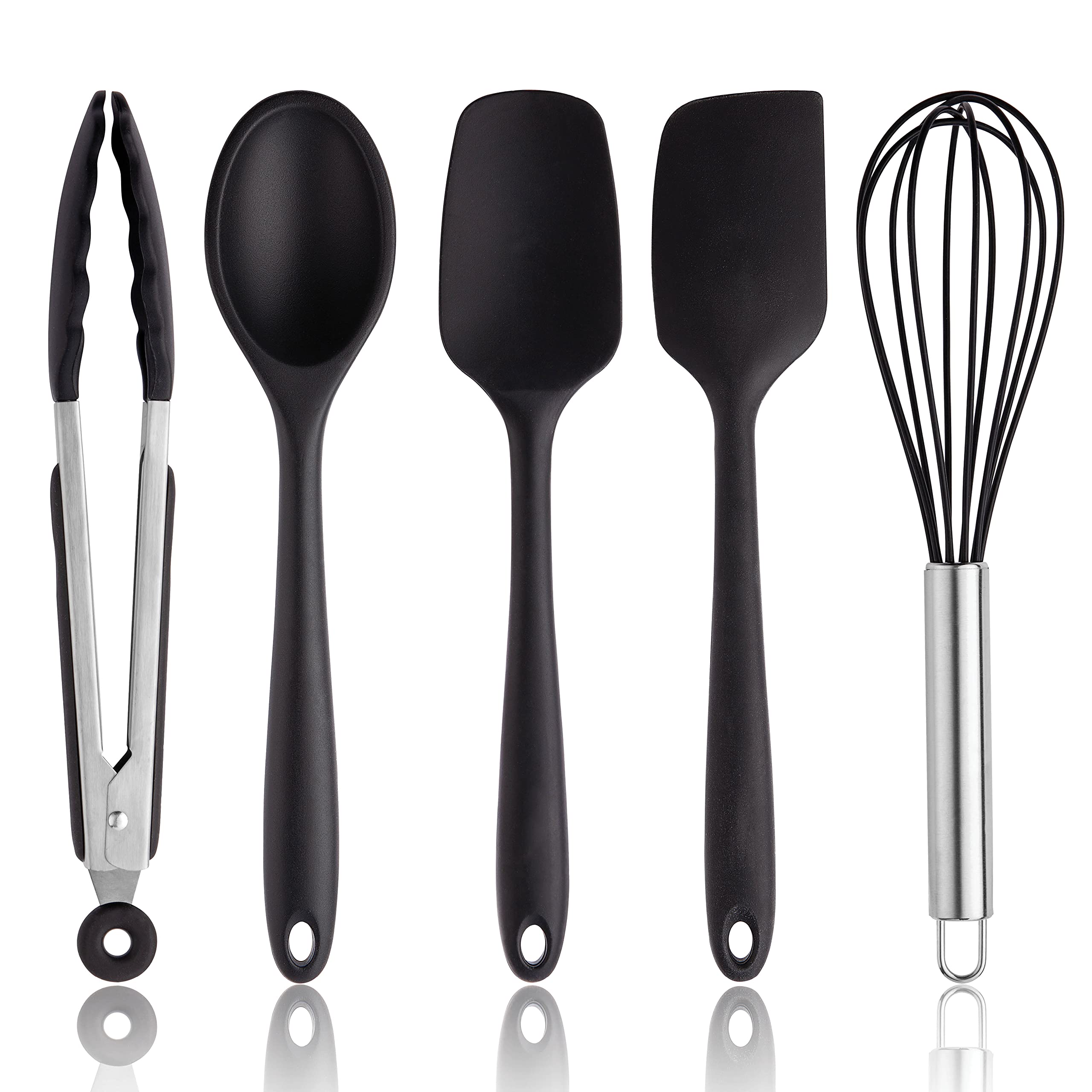 Premium 5-Piece Silicone Cooking Utensil Set - Heat-Resistant & Non-Scratch Kitchen Tools for Nonstick Cookware, Dishwasher Safe & Easy Clean (Black with Stainless Steel) - Perfect for Baking, Frying & Everyday Cooking