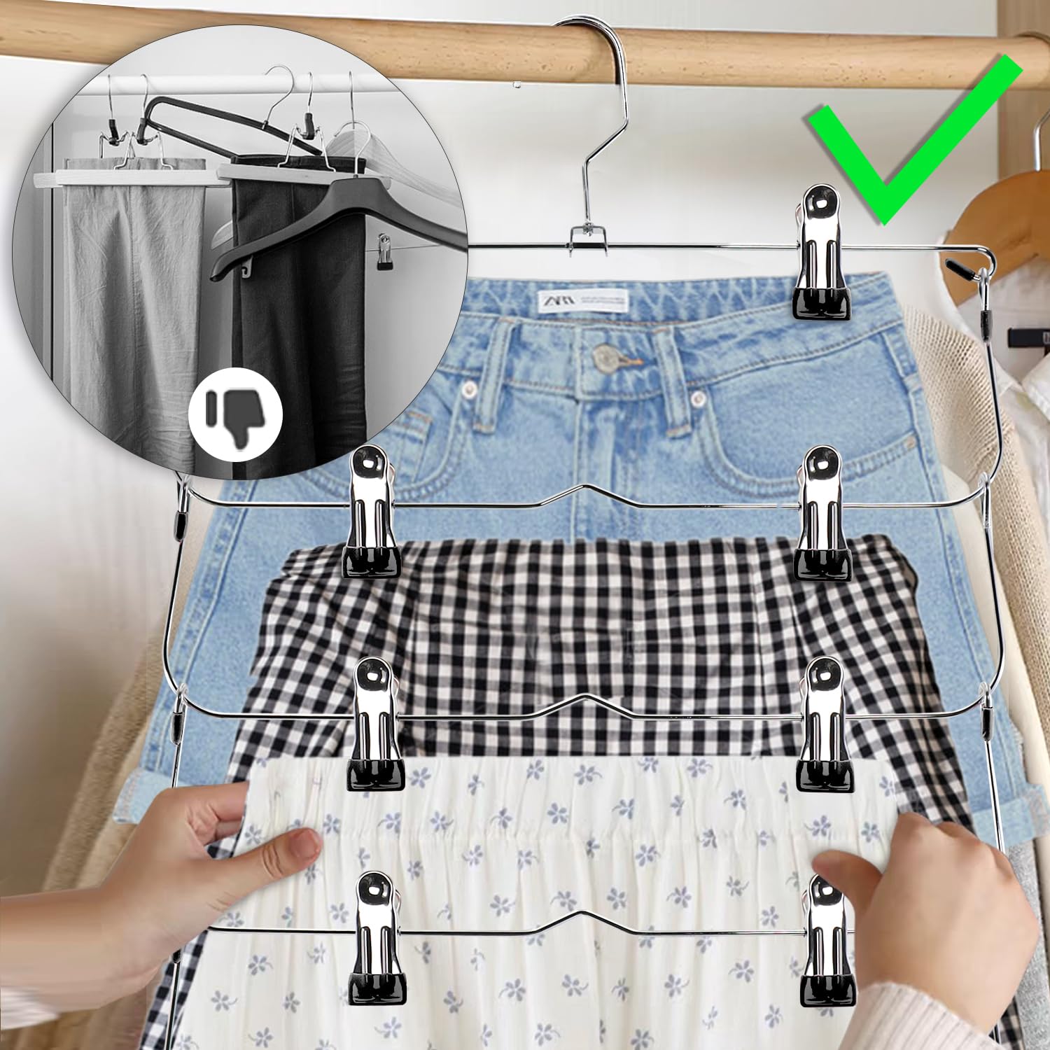 6-Tier Metal Skirt Pants Hangers with Non-Slip Clips - Space Saving Closet Organizer for Skirts, Shorts & Clothes (2 Pack, Black) - Perfect for Wardrobe Organization & Small Closet Storage