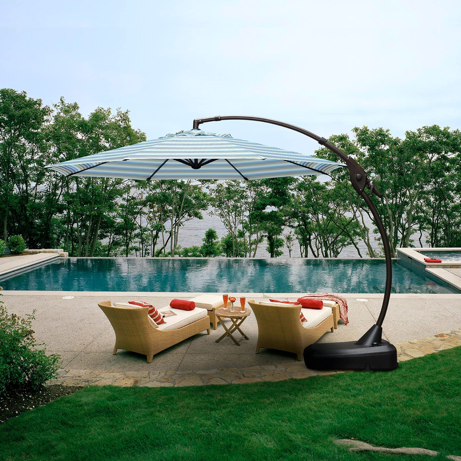 11FT Grand Patio Cantilever Offset Umbrella - Aluminum Outdoor Umbrella with Base for Pool, Garden, Deck (Stripes) - Perfect for Shade in Backyard, Beach & Outdoor Dining Areas