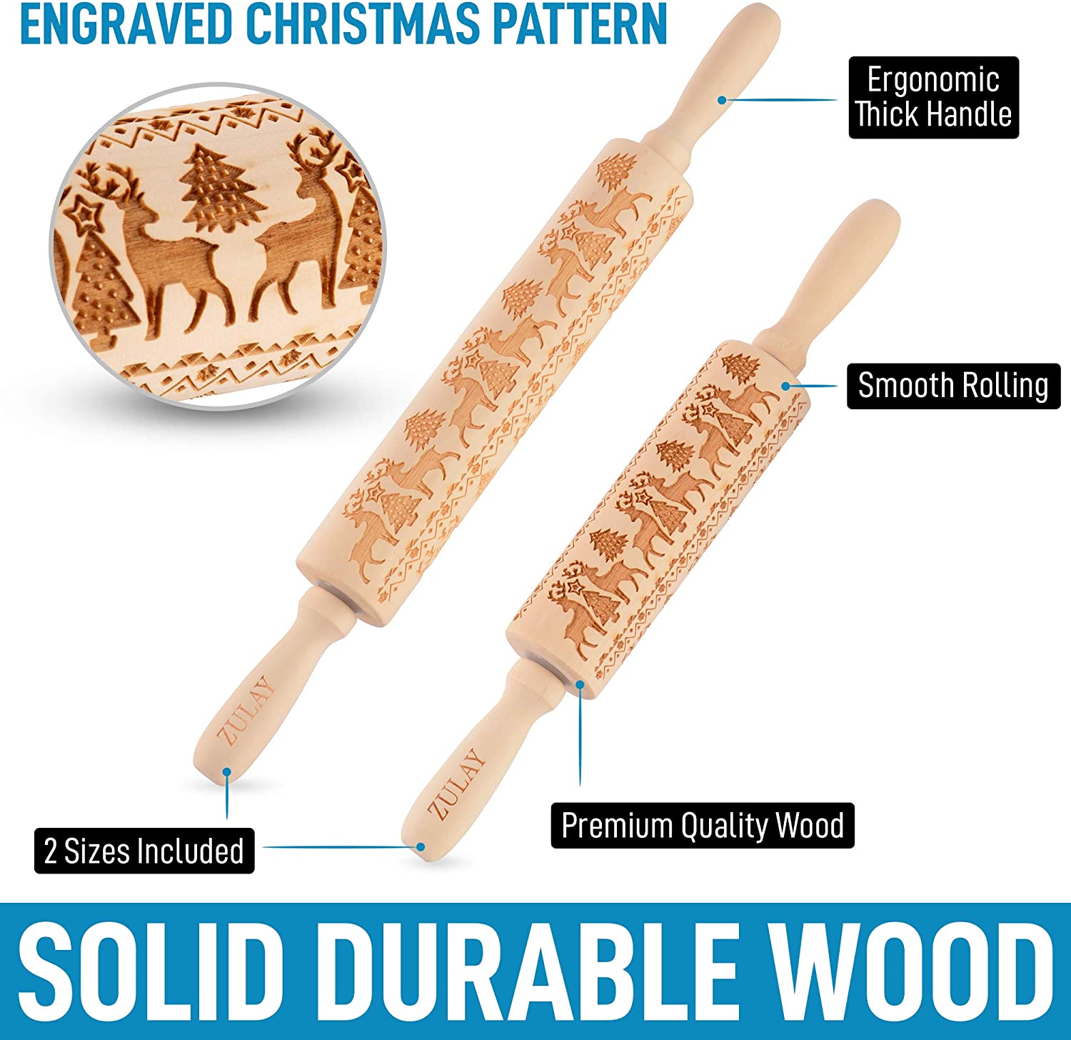 (Set of 2) Handcrafted Wooden Christmas Cookie Rolling Pin - Holiday Baking Decorating Tool for Gingerbread, Sugar Cookies & Festive Pastries - Perfect for Christmas Baking, DIY Cookie Decorating & Gift Giving
