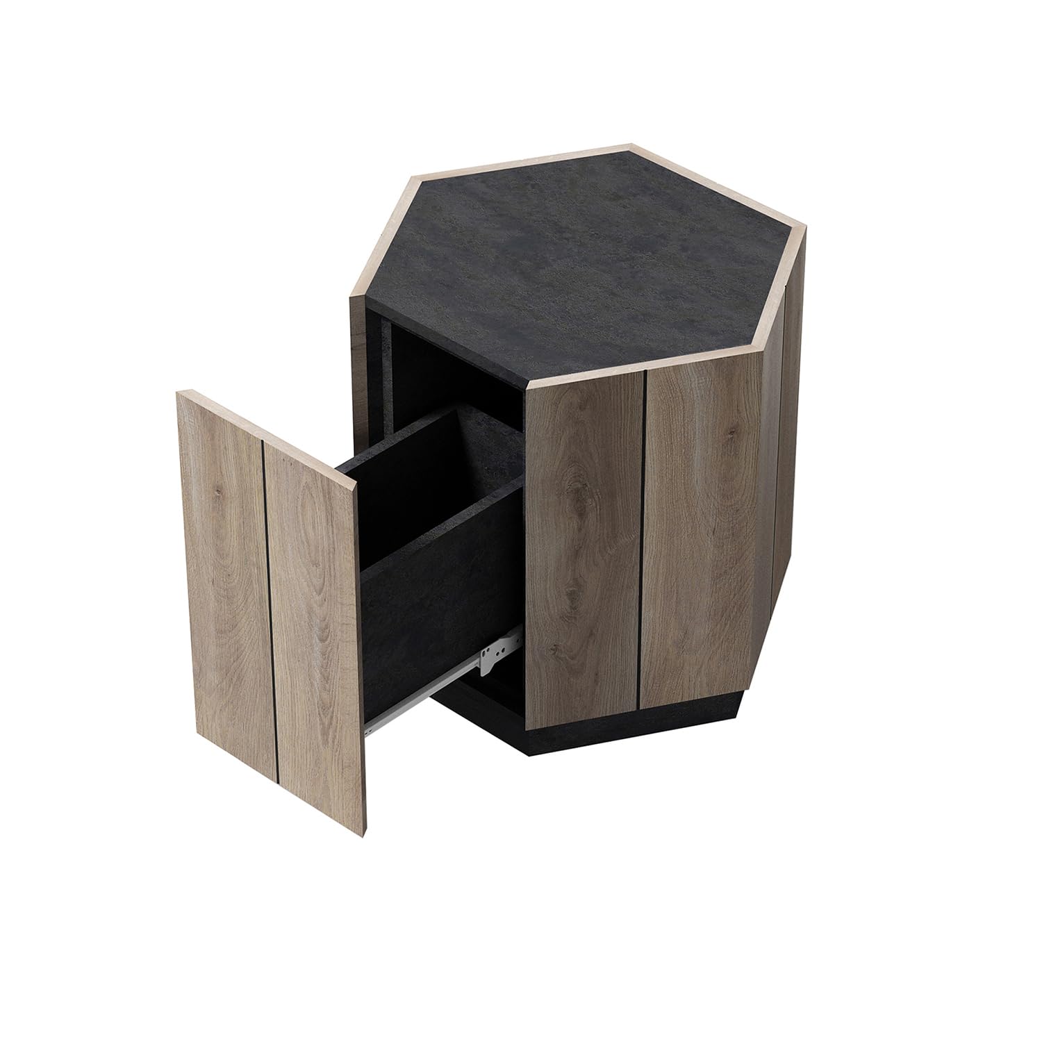 Industrial Gray Solid Wood Hexagonal End Table with Drawer - Modern Sofa Side Table for Bedroom, Living Room & Office - Perfect for Small Spaces, Coffee Table Alternative, Reading Nook Accent
