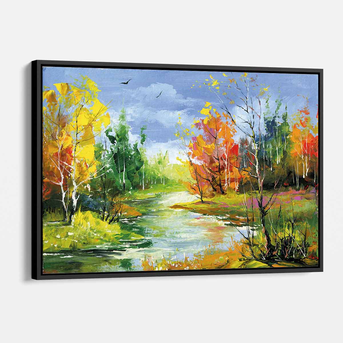 Vibrant Multi-Color Autumn River Landscape Canvas Wall Art - 25x90 Inch Fall Foliage Painting for Living Room, Bedroom & Office Decor