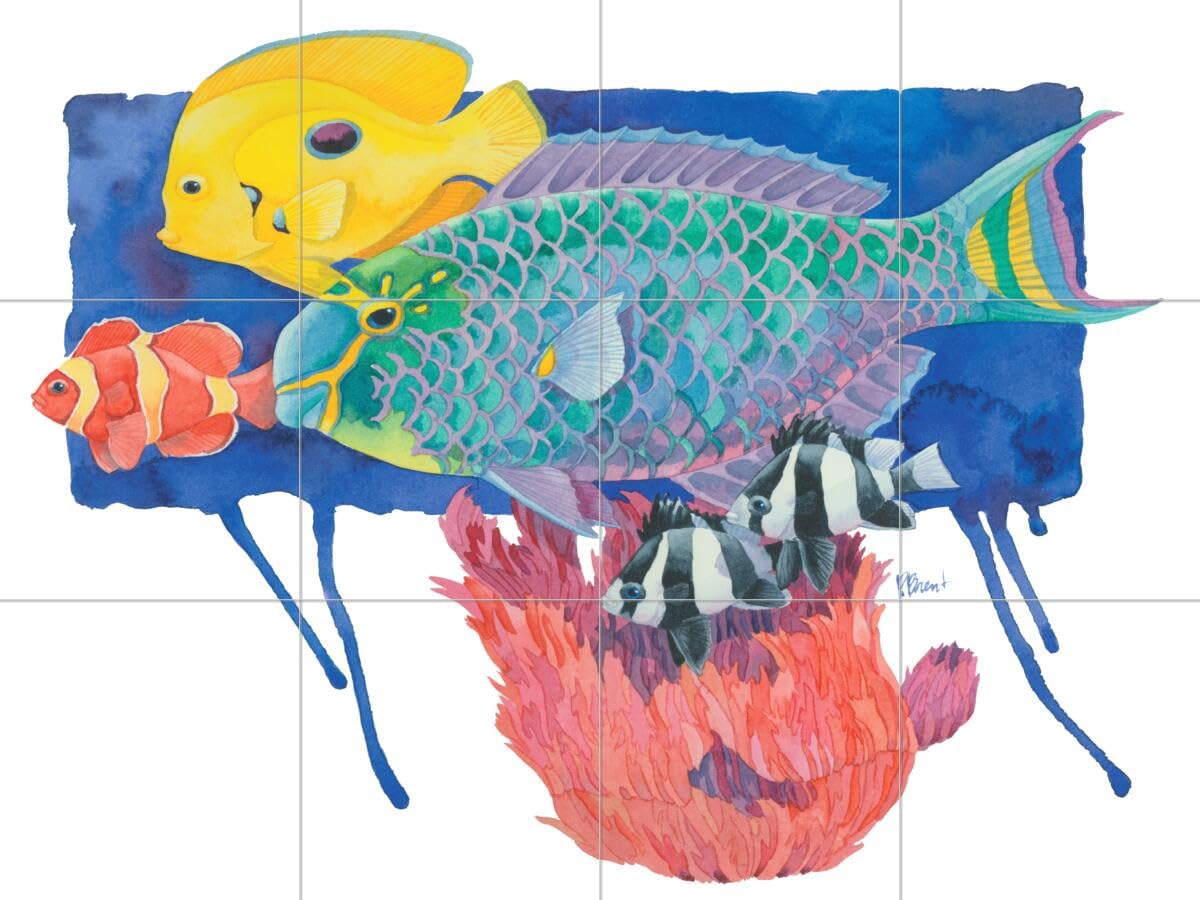 Premium Ceramic Backsplash Tile Mural - Vibrant Saltwater Fish Underwater Ocean Scene with Parrot Fish Design by Paul Brent - Perfect for Kitchen, Bathroom & Shower Walls