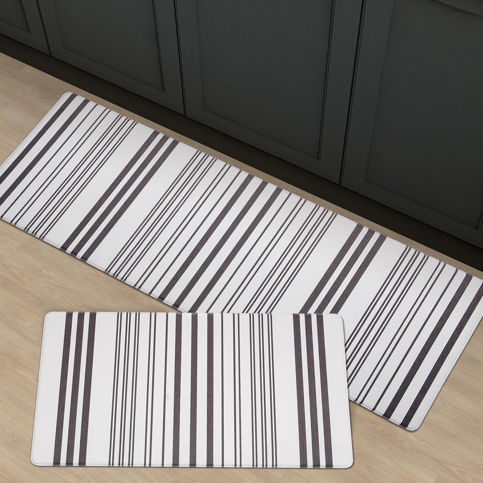 Freshmint Farmhouse Stripe Anti-Fatigue Kitchen Mat Set of 2 - Cushioned Foam Floor Mats with Waterproof & Non-Slip Design - Comfortable Modern Kitchen Rug for Sink, Laundry & Office - Perfect for Cooking, Dishwashing & Standing Workstations