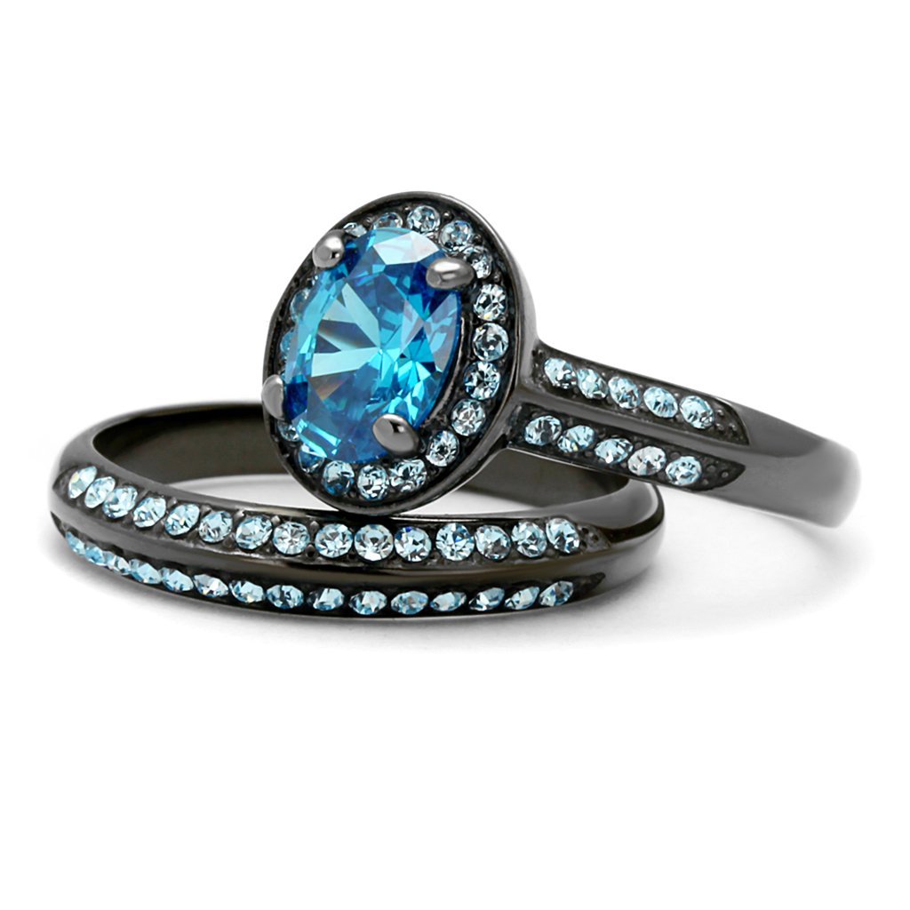 Halo Light Blue CZ Stainless Steel Ring Set for Women - Elegant Oval Cut Jewelry for Parties & Gifts